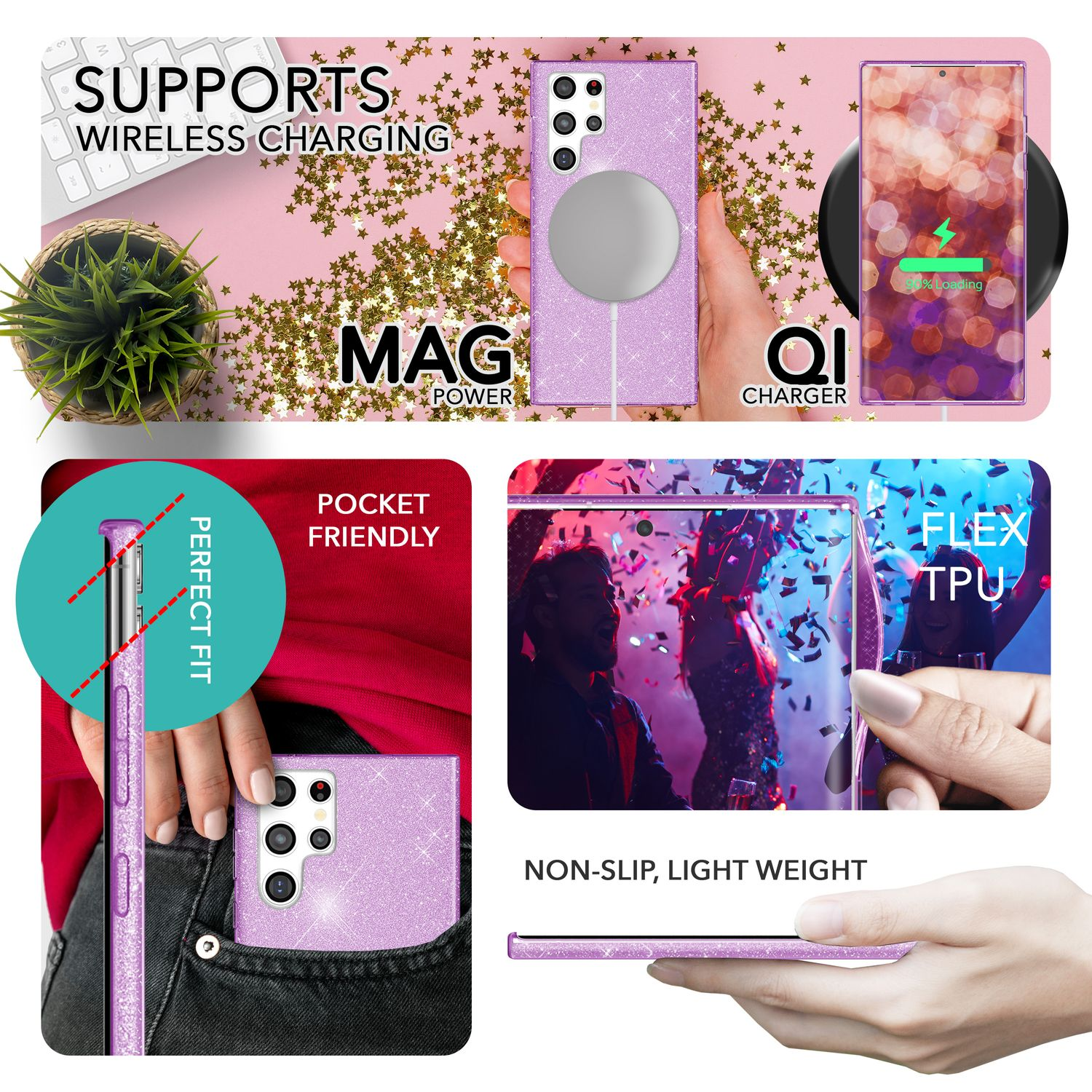 Lila Glitzer-Handyhülle mit Mag Power und Qi-Ladegerät. Bietet ein taschenfreundliches Design.