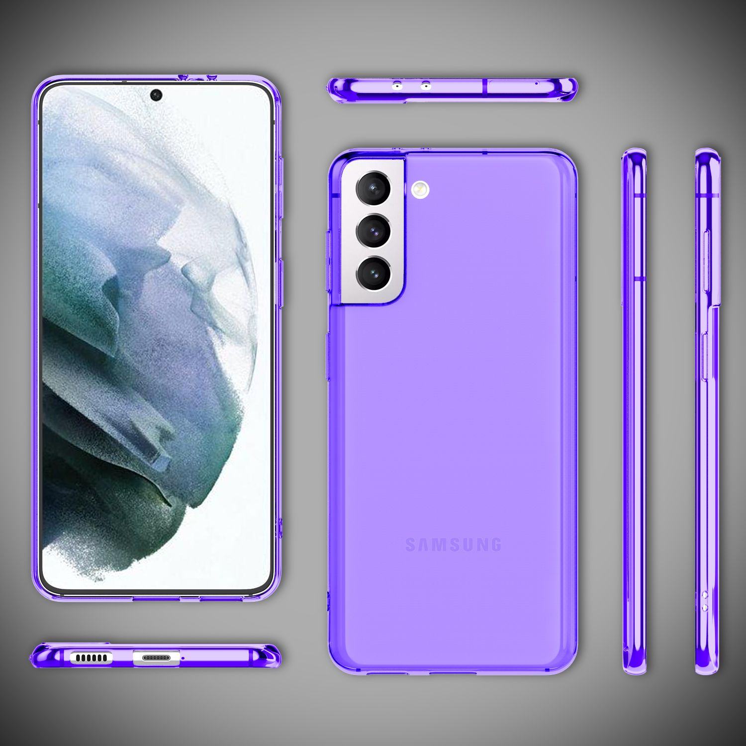 Custodia per telefono viola. Molteplici viste del telefono. Il telefono è un modello Samsung.