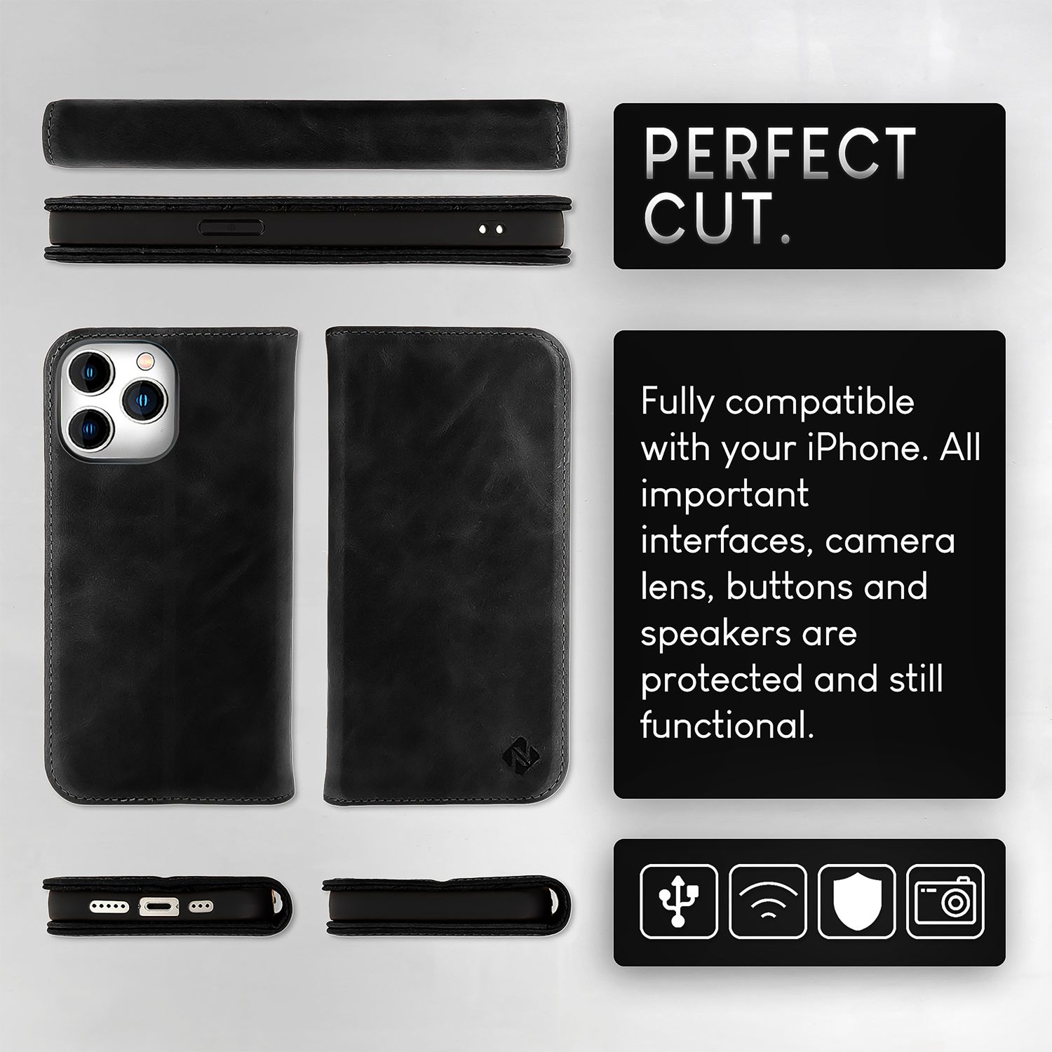 Schwarze Handyhülle. Das Telefon befindet sich in der Hülle. Der Text rechts lautet Perfect Cut.