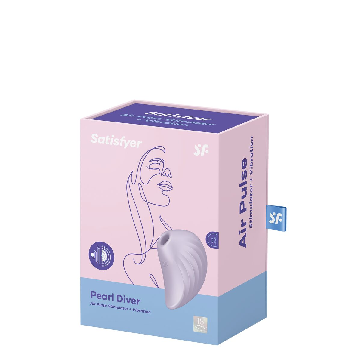 Caja con diseño morado y rosa, rostro femenino y dispositivo. Pearl Diver, Air Pulse Stimulator + Vibration.