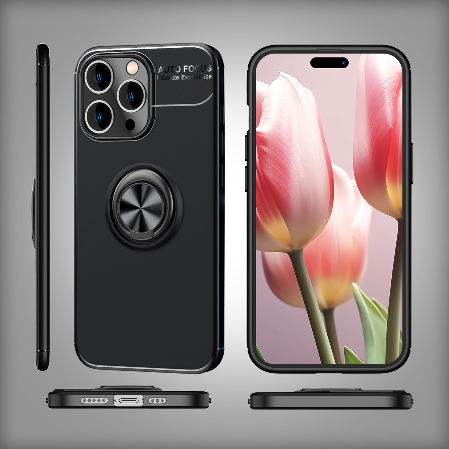 Funda negra para teléfono con soporte de anillo, varias vistas de la funda y un fondo de flores.