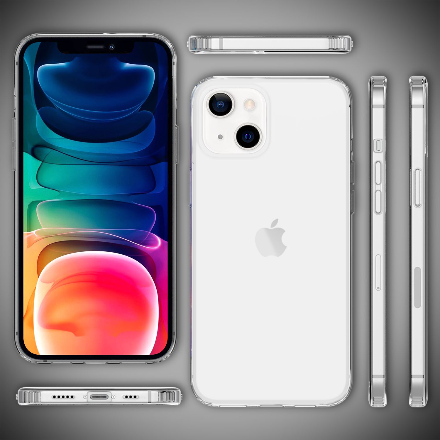 Transparente Handyhülle, mit mehreren Ansichten, die den Telefonbildschirm und das Design der Hülle zeigen.