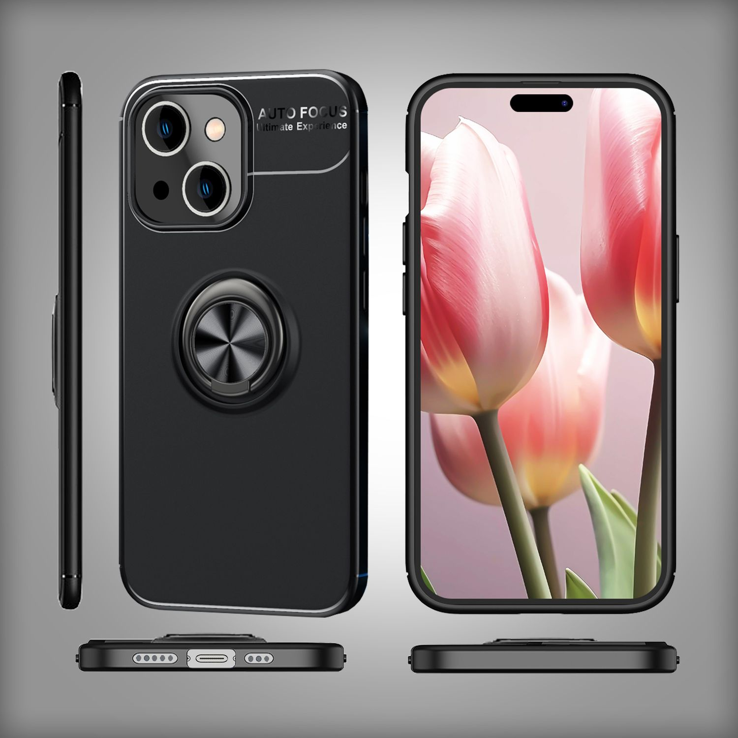 Funda negra para teléfono con soporte de anillo, teléfono mostrando tulipanes rosas.
