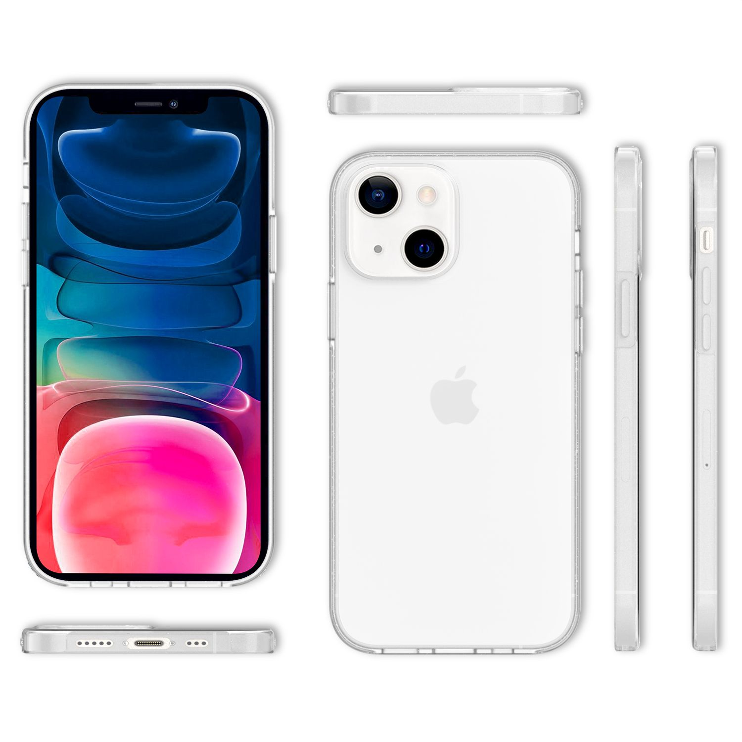 Transparente Handyhülle, mit mehreren Ansichten, die den Telefonbildschirm und das Design der Hülle zeigen.