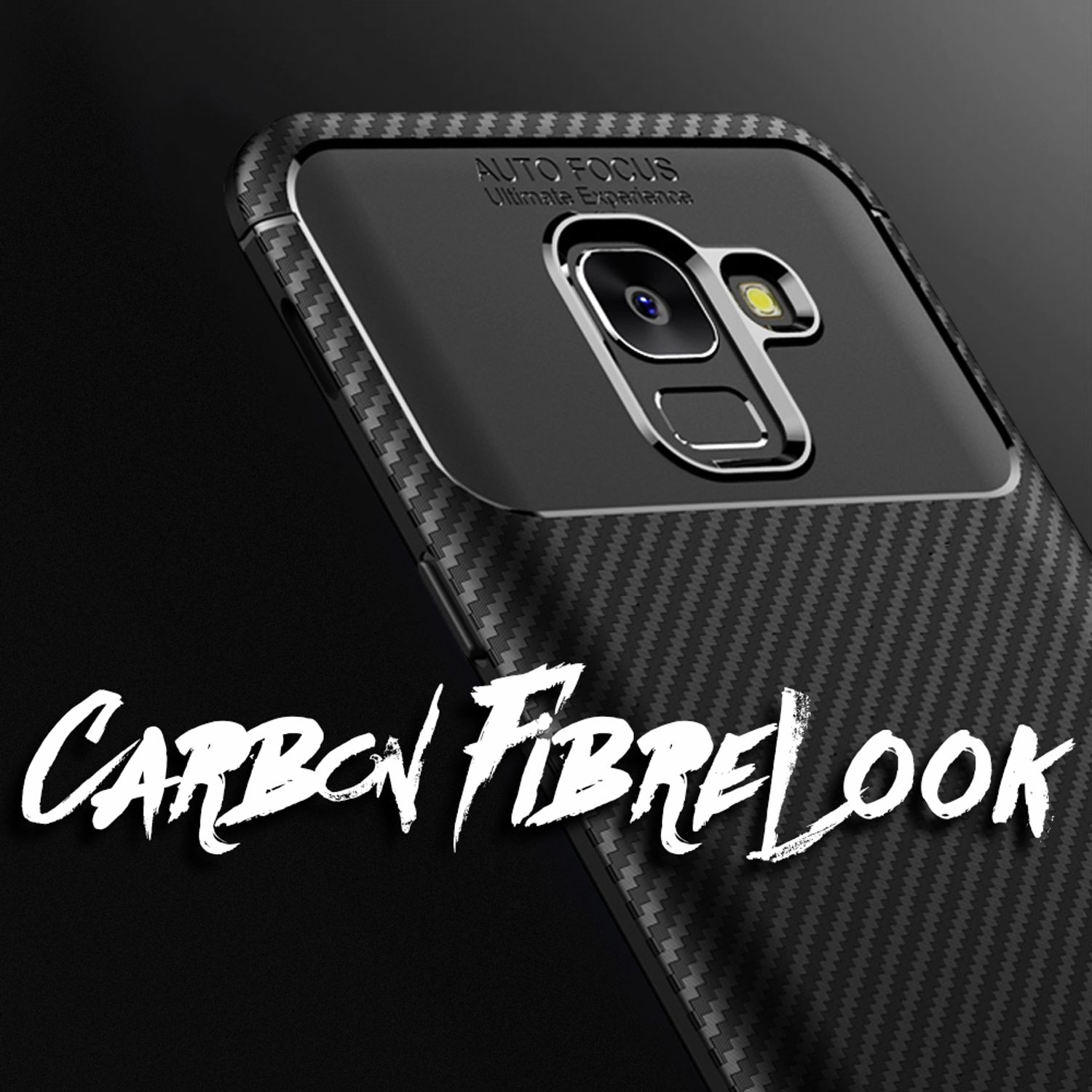 Schwarze Handyhülle in Carbonfaser-Optik, Detailaufnahme der Textur.
