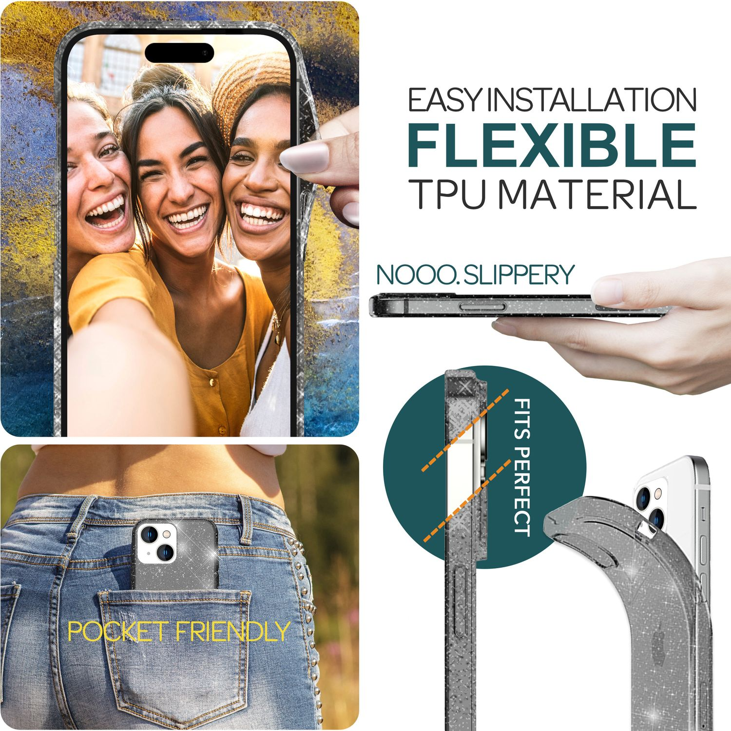 Un collage con una custodia per telefono. Volti sorridenti, telefono in tasca e custodia su un telefono.