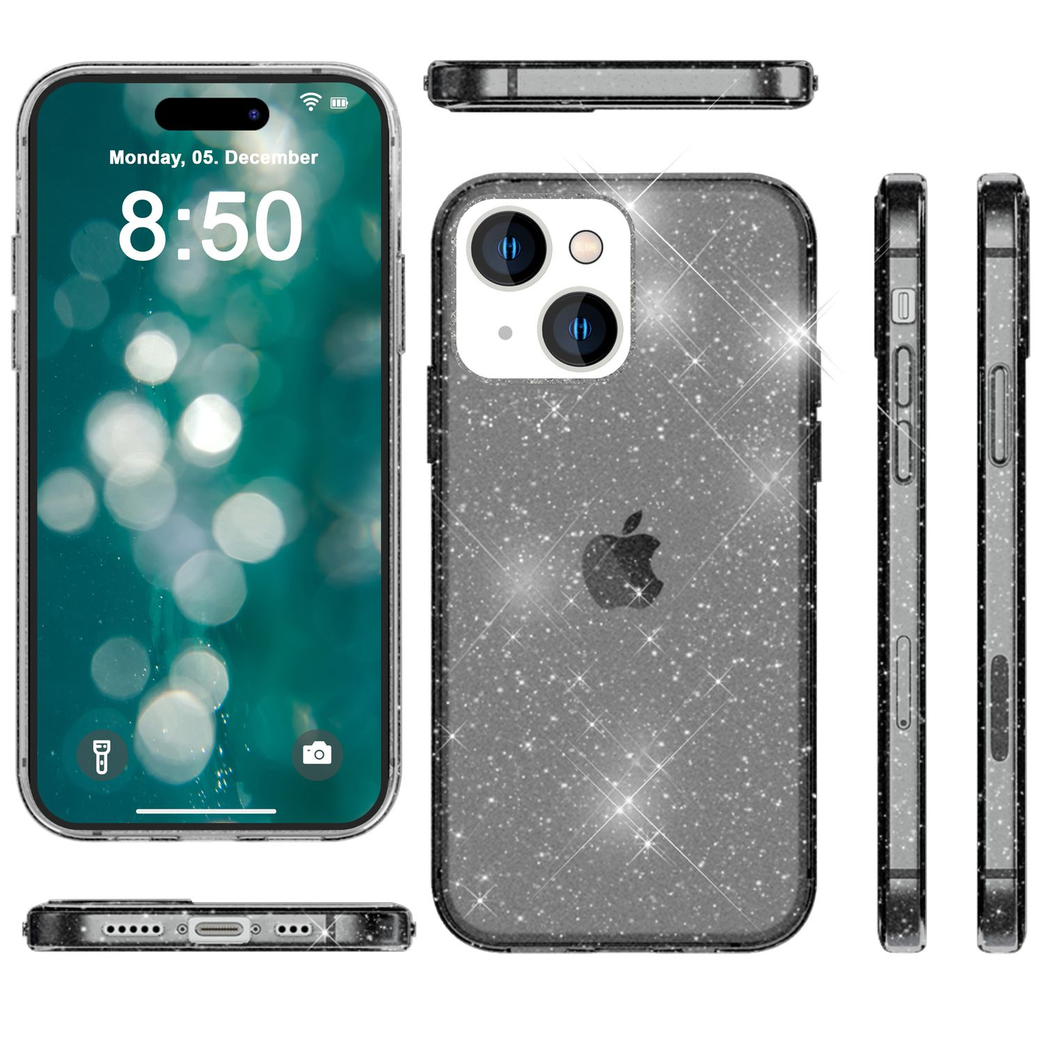 Custodia per iPhone con glitter, che mostra i lati del telefono e il display. Il telefono mostra la data e l'ora.