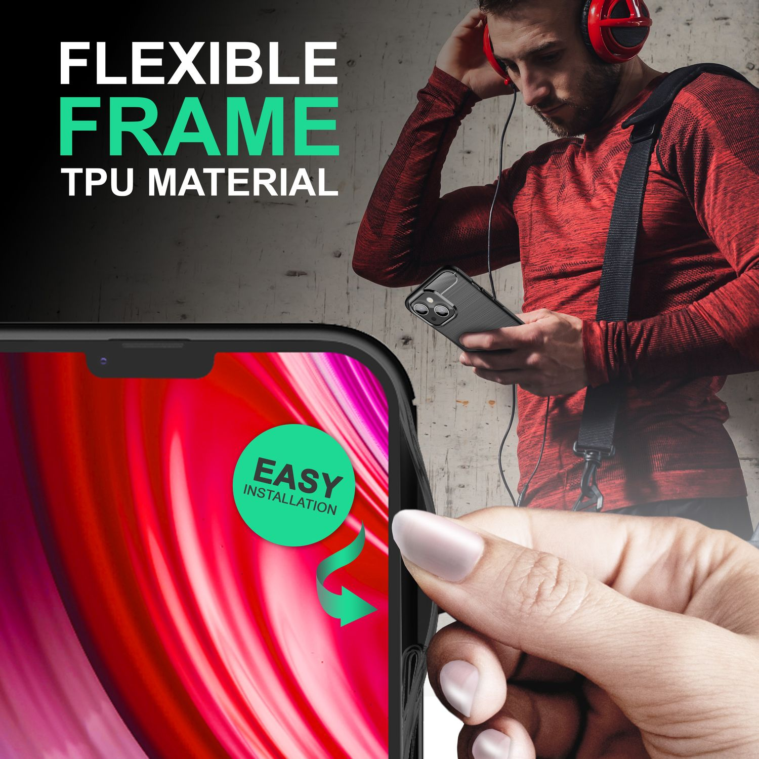 Una persona con le cuffie tiene in mano un telefono. Il telefono è in una custodia nera.