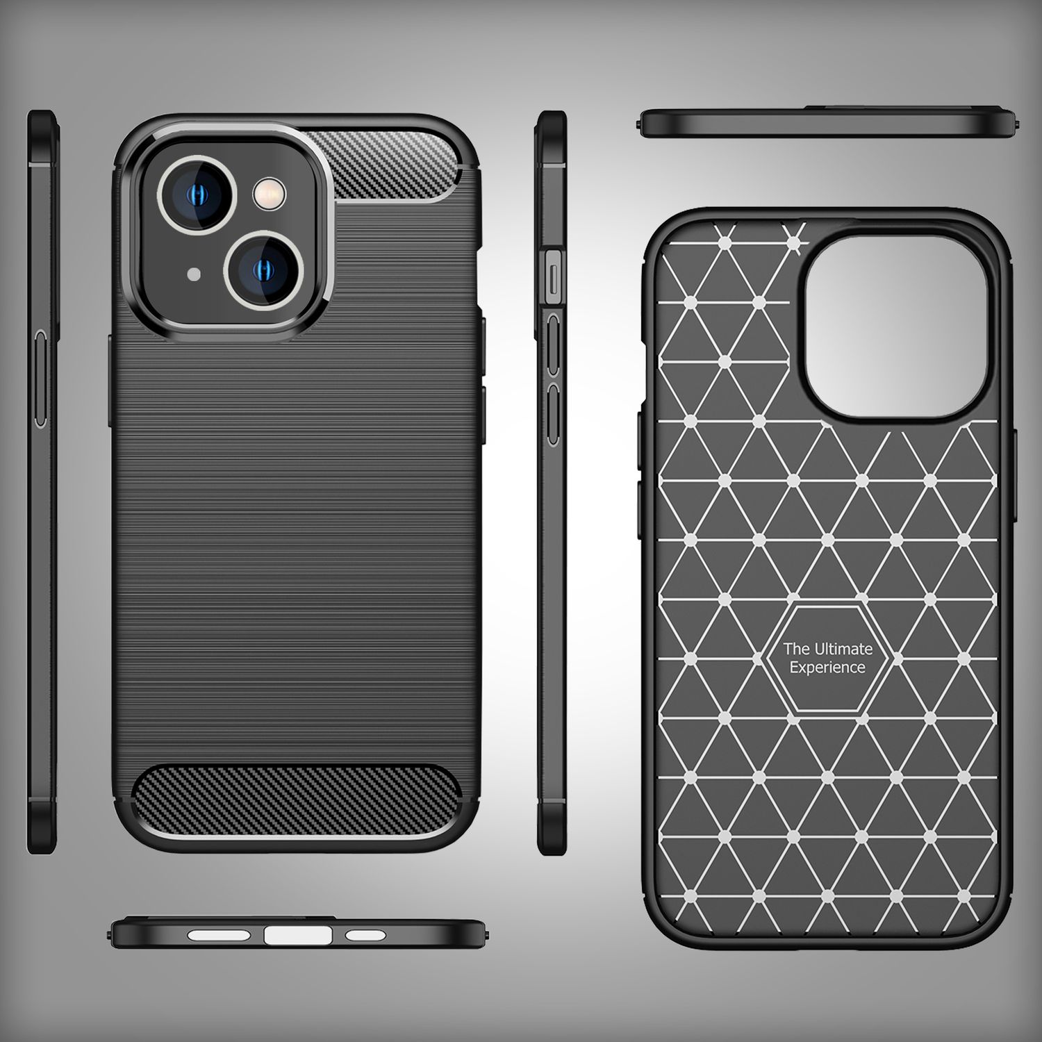 Custodia nera per telefono con motivo geometrico, mostrata da diverse angolazioni. Con ritagli per fotocamera.