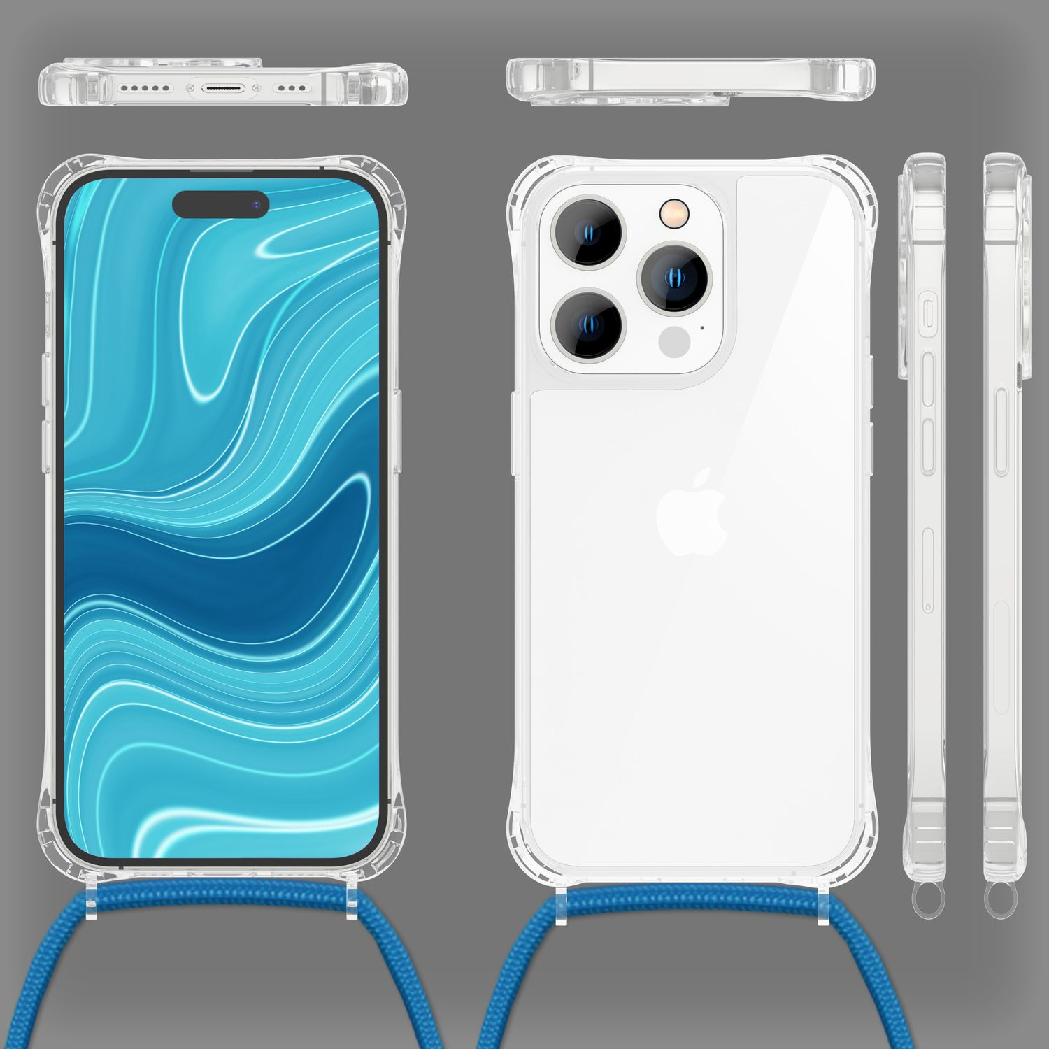 Transparente Handyhülle mit blauem Umhängeband an einem Telefon, aus verschiedenen Winkeln dargestellt.