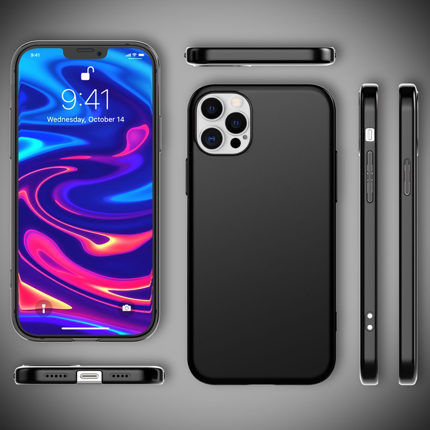 Schwarze Handyhülle mit Telefon, aus verschiedenen Winkeln dargestellt. Telefonbildschirm ist an, farbenfrohes Display.