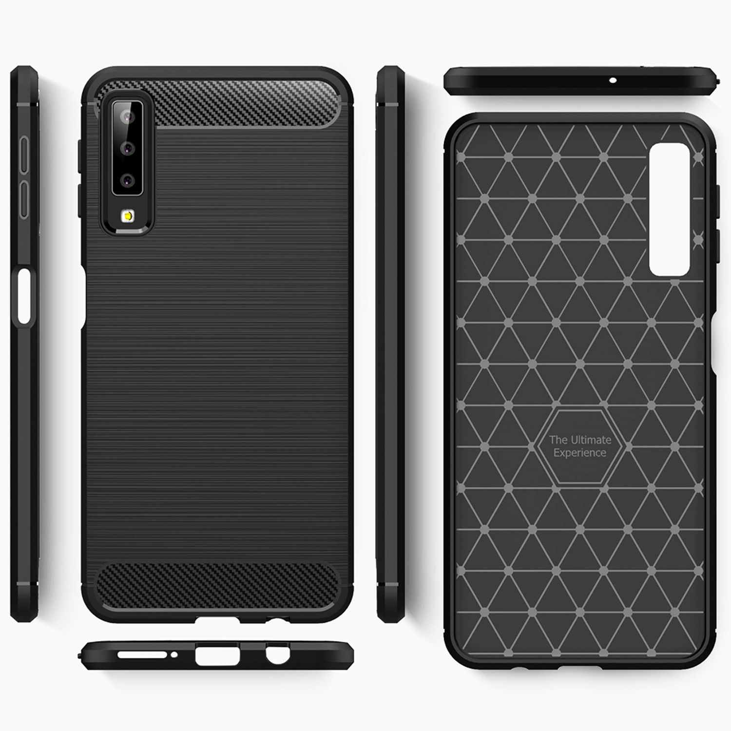 Schwarze Handyhülle mit strukturiertem Design, aus verschiedenen Winkeln dargestellt. Rückseite mit geometrischem Muster.