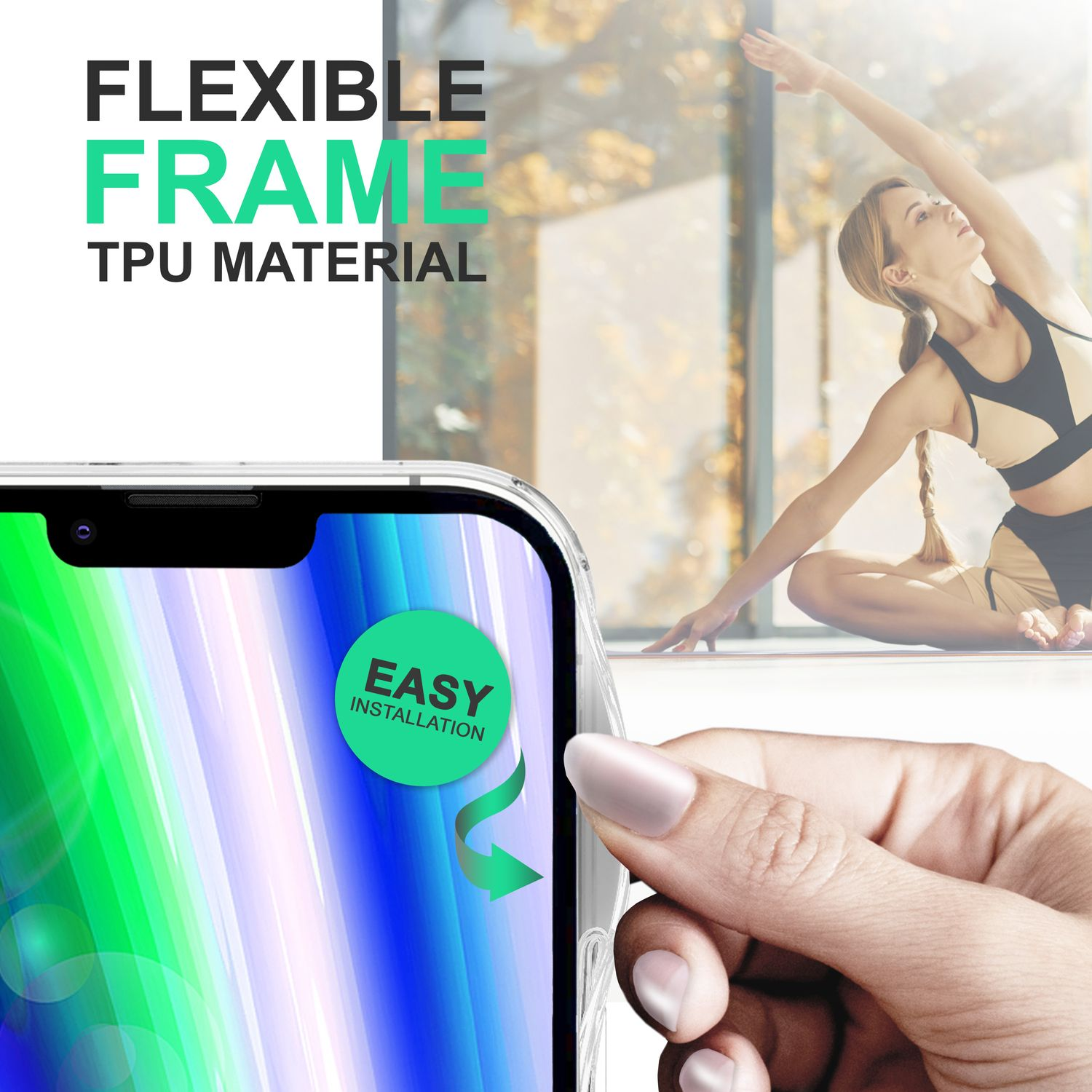 Una funda de teléfono con una pegatina verde que dice 'Fácil instalación'. Una mujer hace yoga en el fondo.