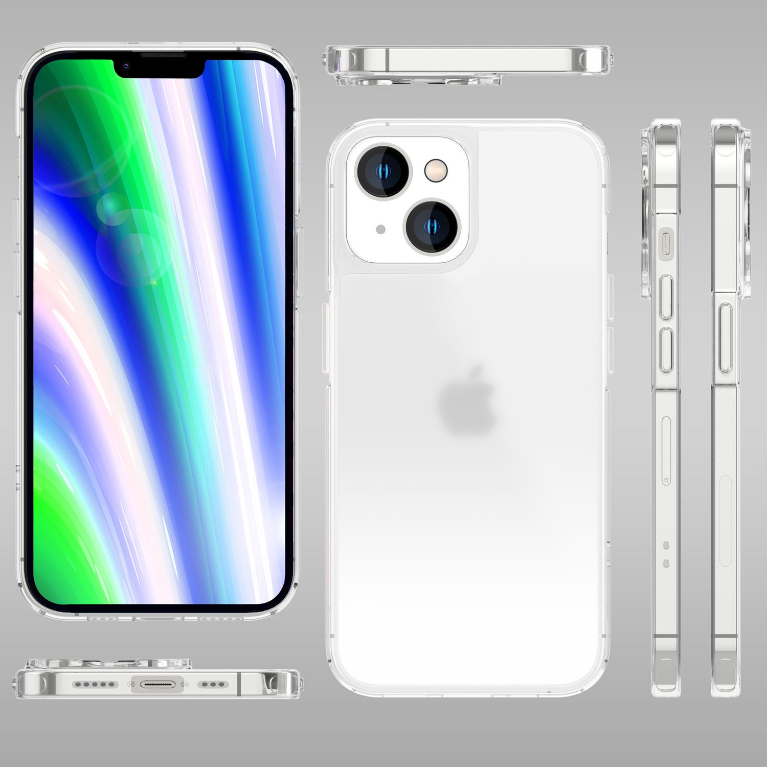 Funda transparente para teléfono con teléfono, vista desde varios ángulos. Pantalla del teléfono encendida, fondo blanco.