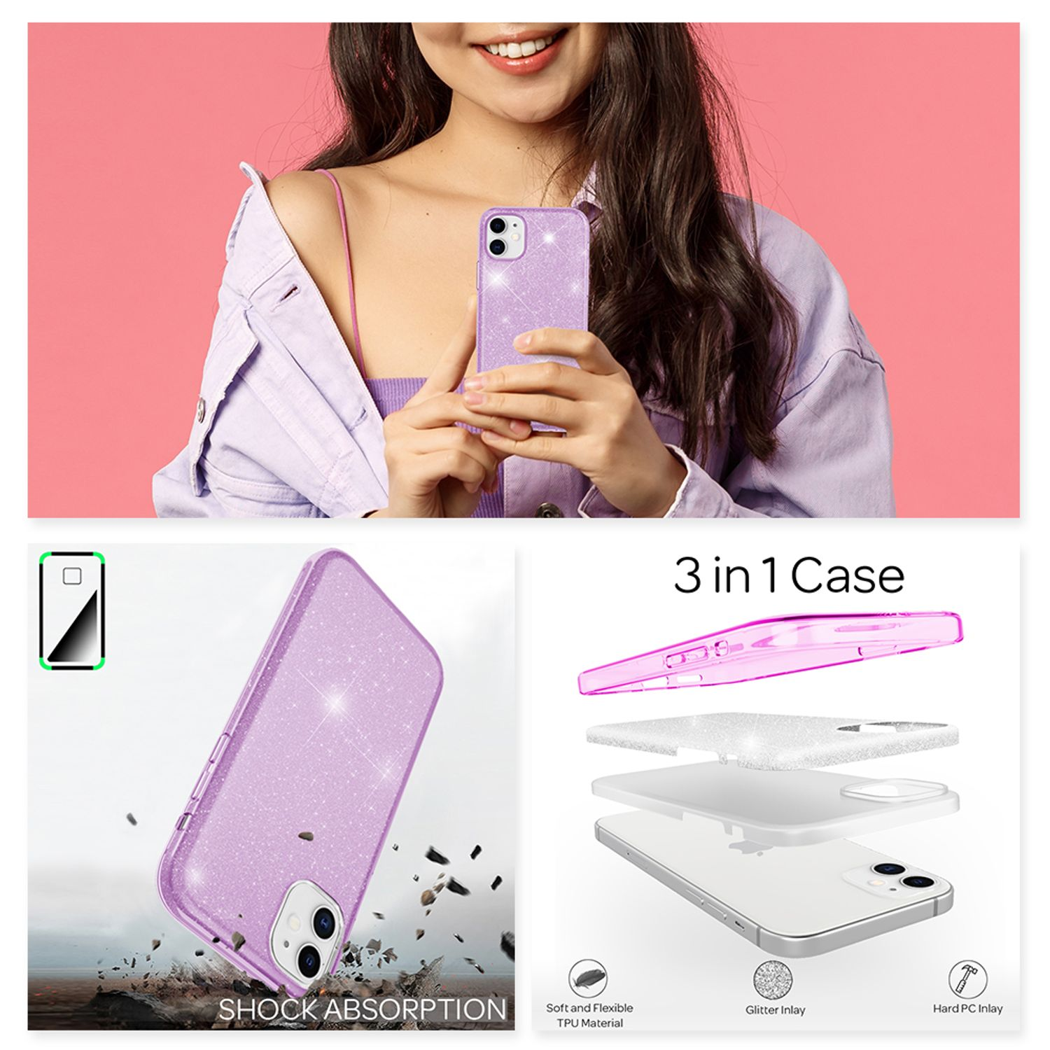 Una mujer sosteniendo una funda de teléfono brillante. Se muestran tres vistas diferentes de la funda.