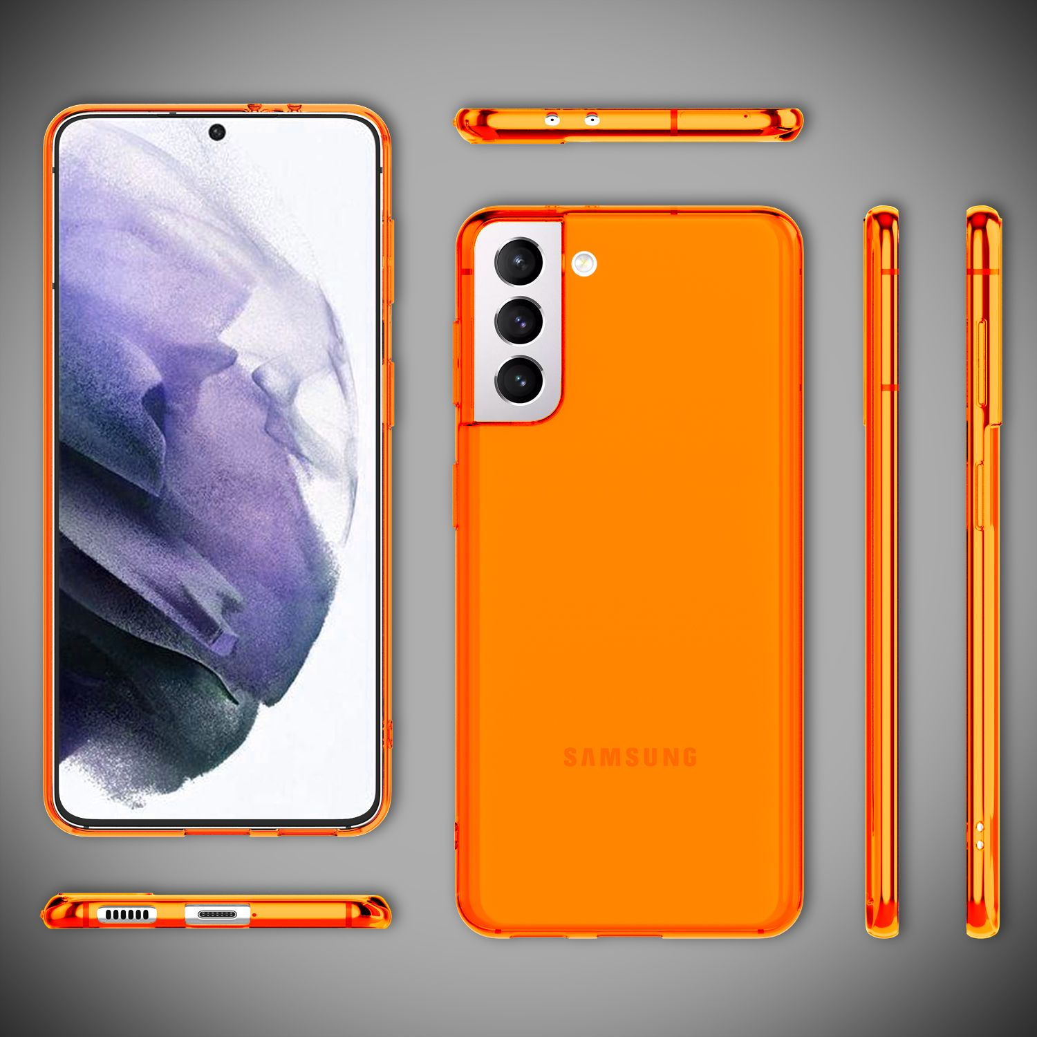 Eine orangefarbene Handyhülle auf einem weißen Telefon, aus verschiedenen Winkeln gezeigt. Der Hintergrund ist grau.