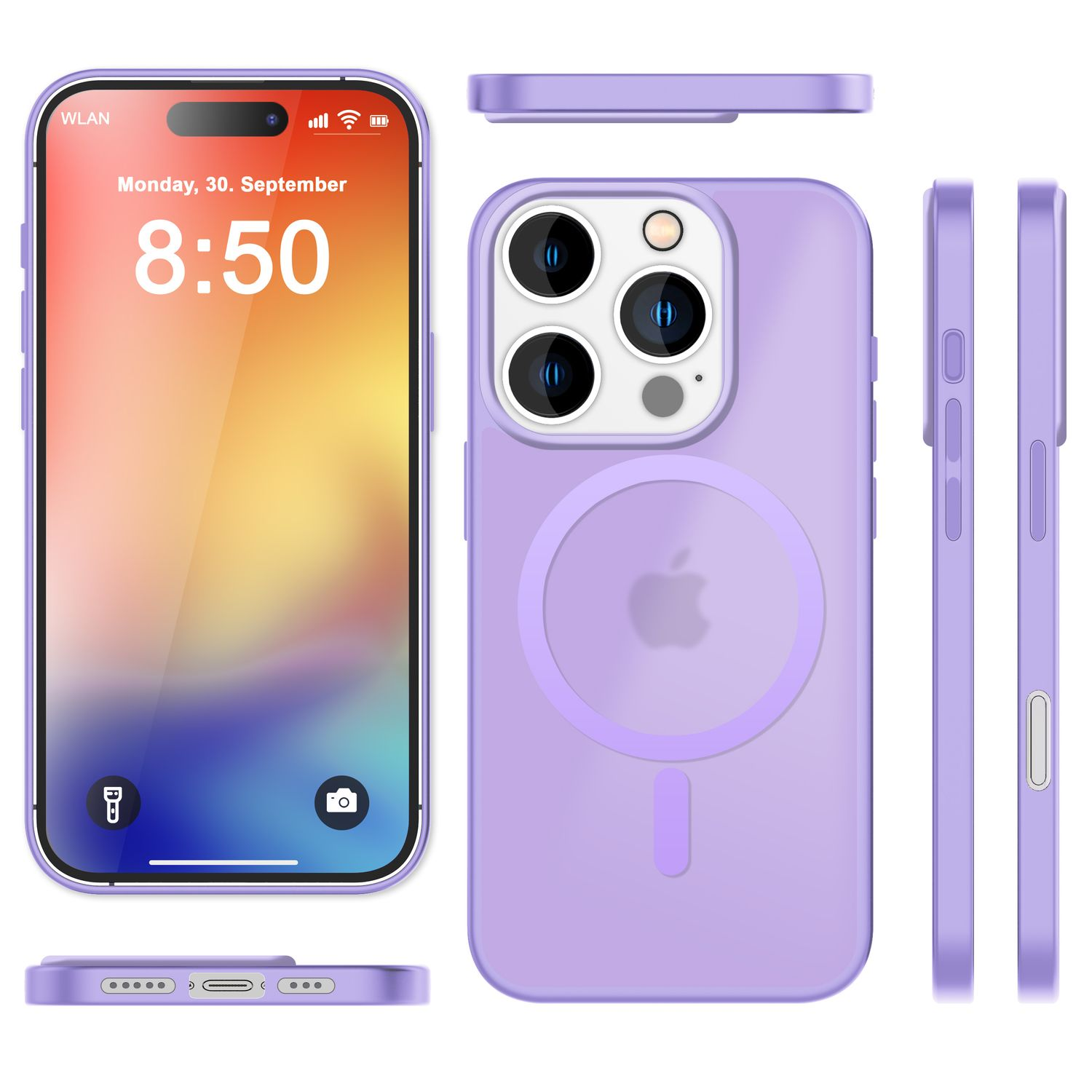 Una custodia per telefono viola con logo Apple e un telefono che mostra l'ora. Vengono visualizzate più angolazioni.