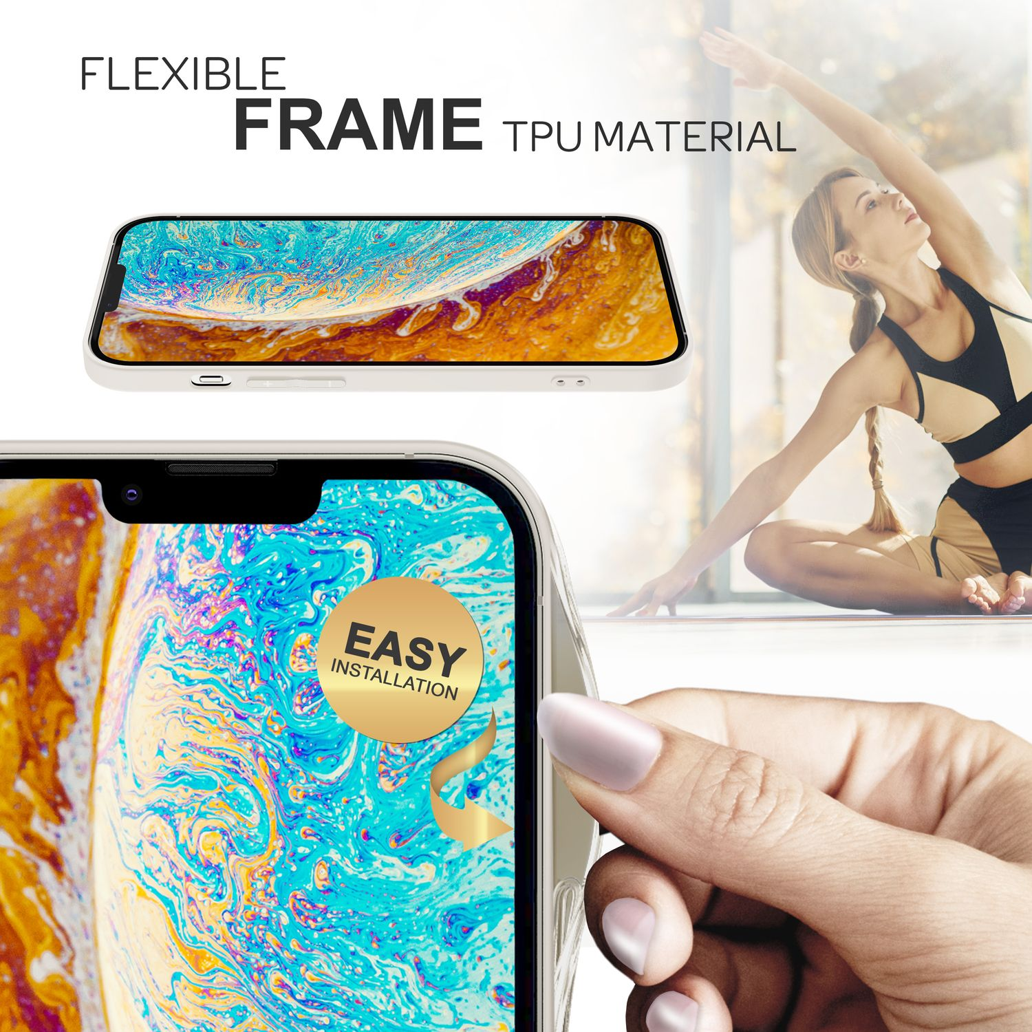 Eine Frau berührt ein Telefon in einer transparenten Handyhülle mit flexiblem Rahmen. Der Hintergrund zeigt Yoga.