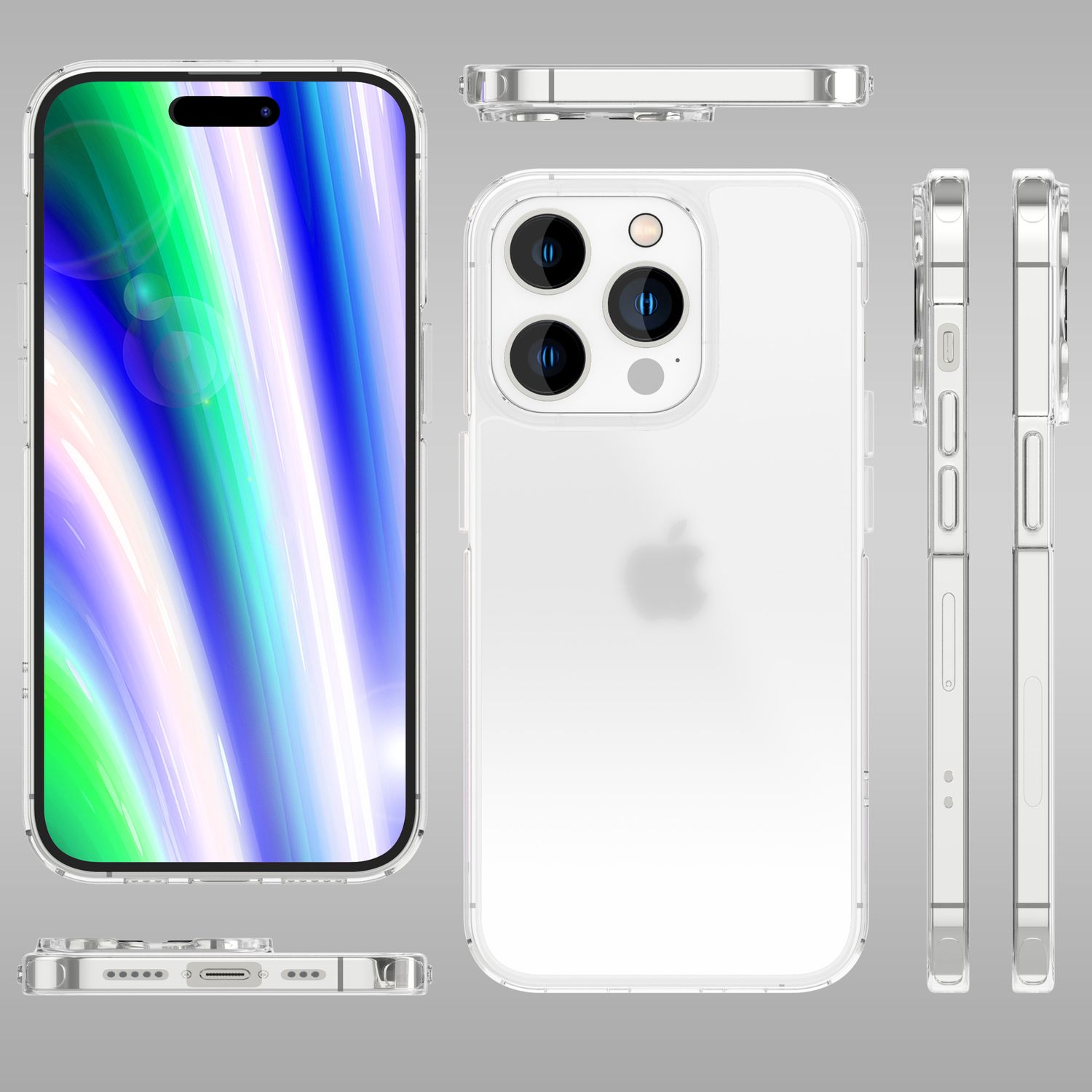 Un teléfono en una funda transparente, vistas laterales muestran las características del teléfono.