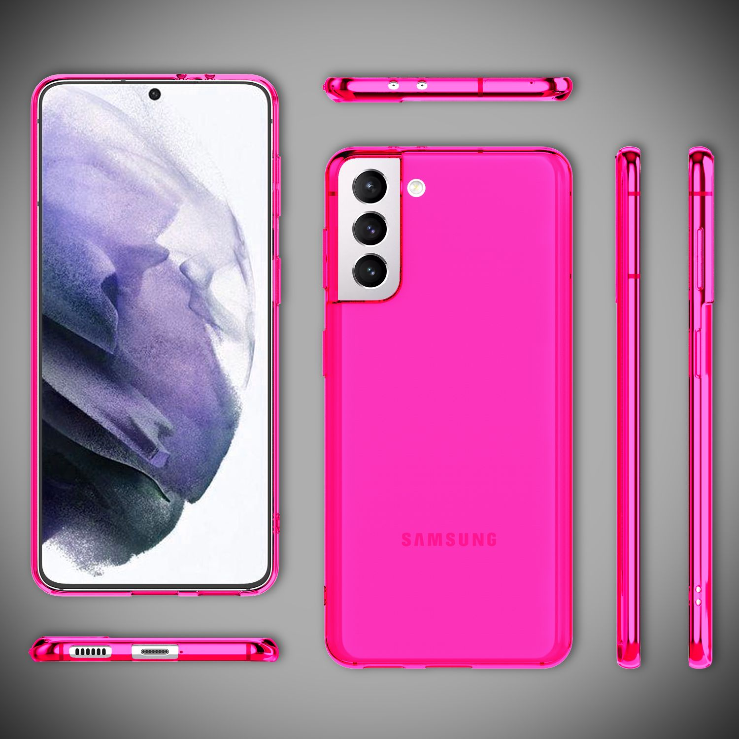 Eine pinke Telefonhülle mit einem Telefon darin. Mehrere Ansichten zeigen Hülle und Telefonfunktionen.