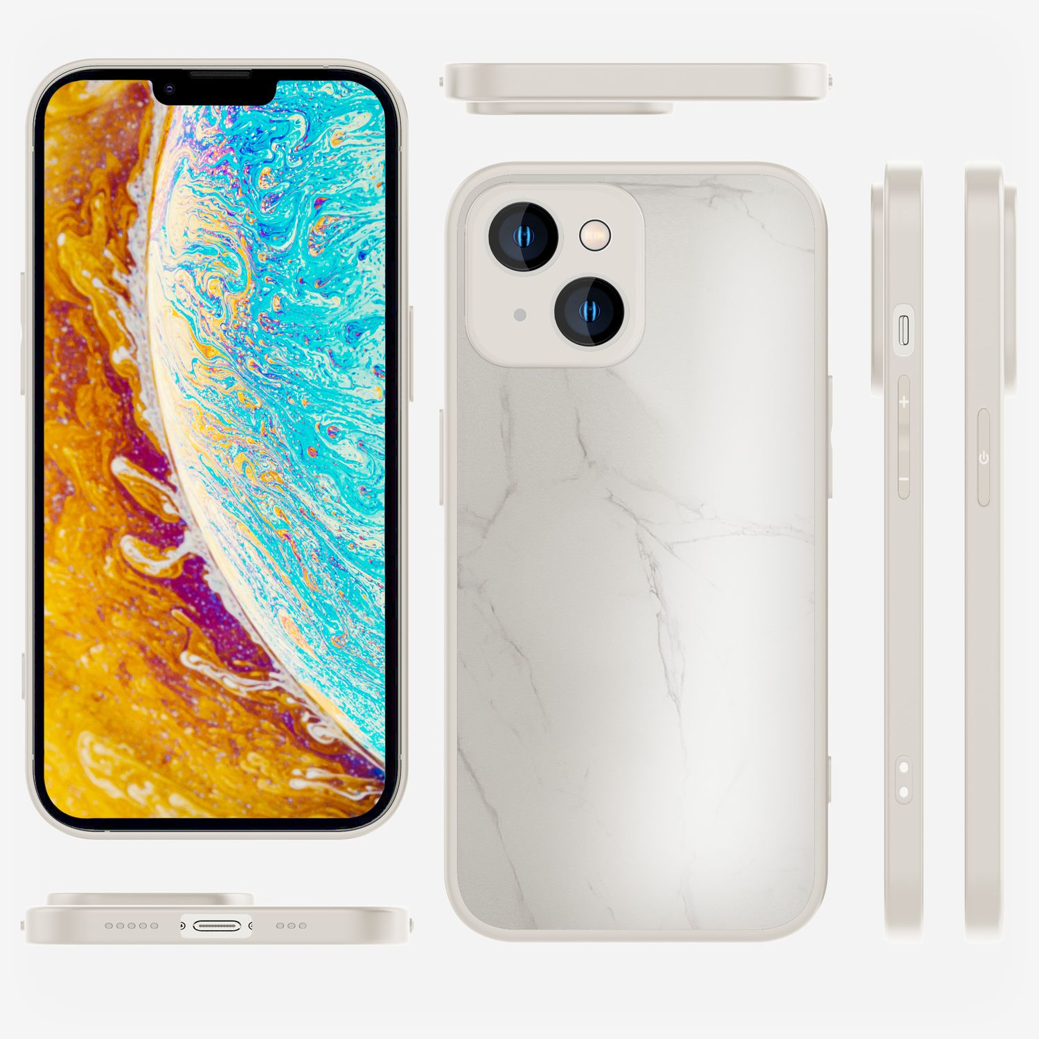 Ein Telefon in einer weißen Hülle mit Marmormuster. Mehrere Ansichten zeigen das Design.
