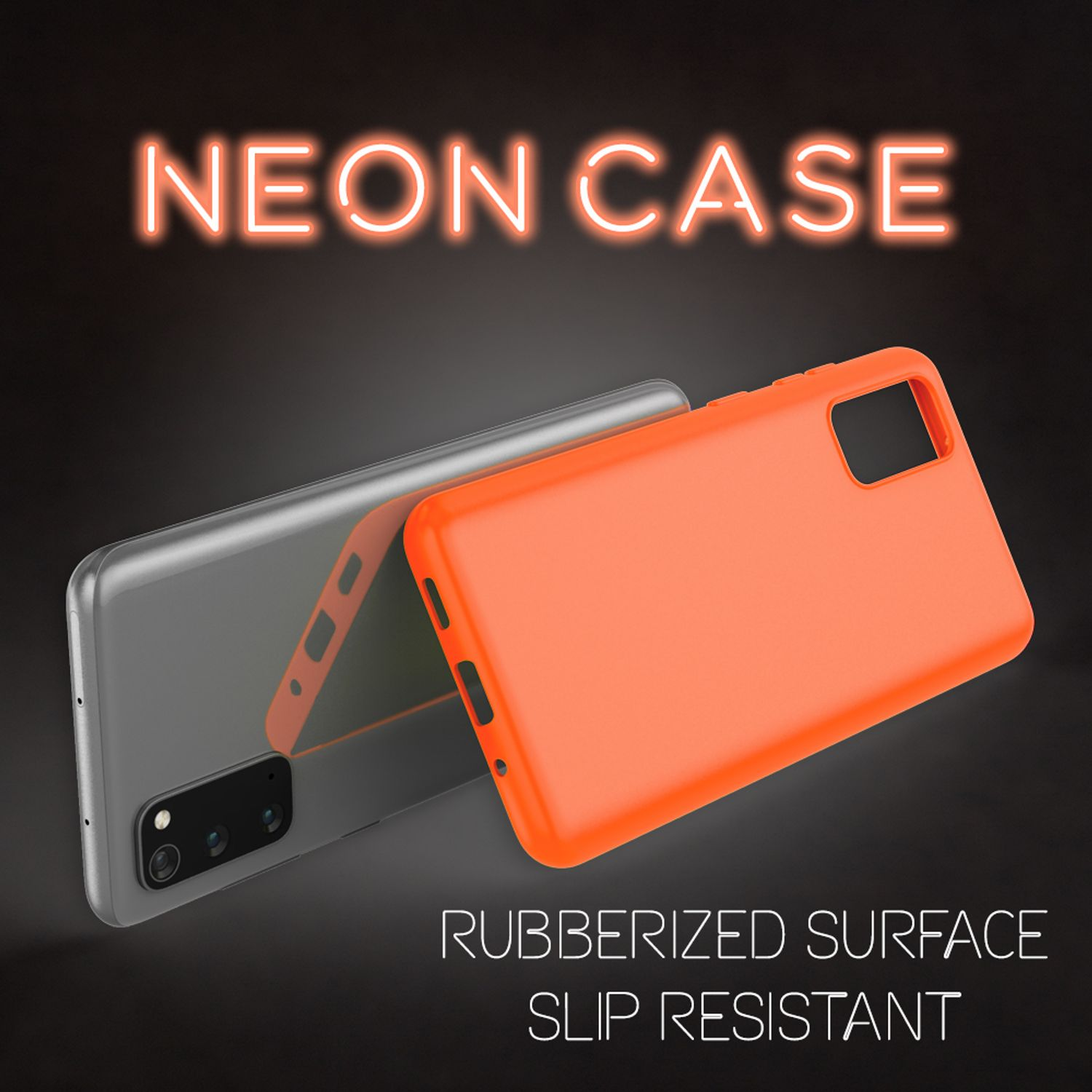 Zwei Handyhüllen, eine orange und eine klare, mit Text: NEON CASE, RUBBERIZED SURFACE.