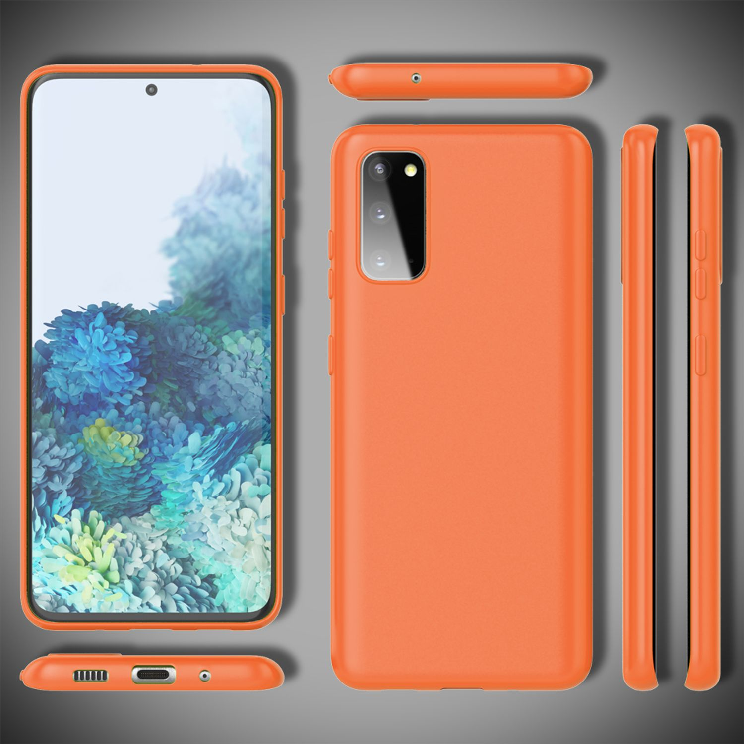 Orangefarbene Handyhülle und Telefon mit mehreren Winkeln gezeigt.