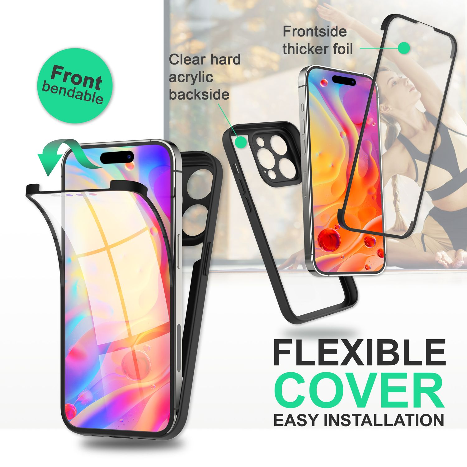 Ein Telefon mit flexibler Hülle, die sich biegt. Text sagt FLEXIBLE COVER, EASY INSTALLATION.
