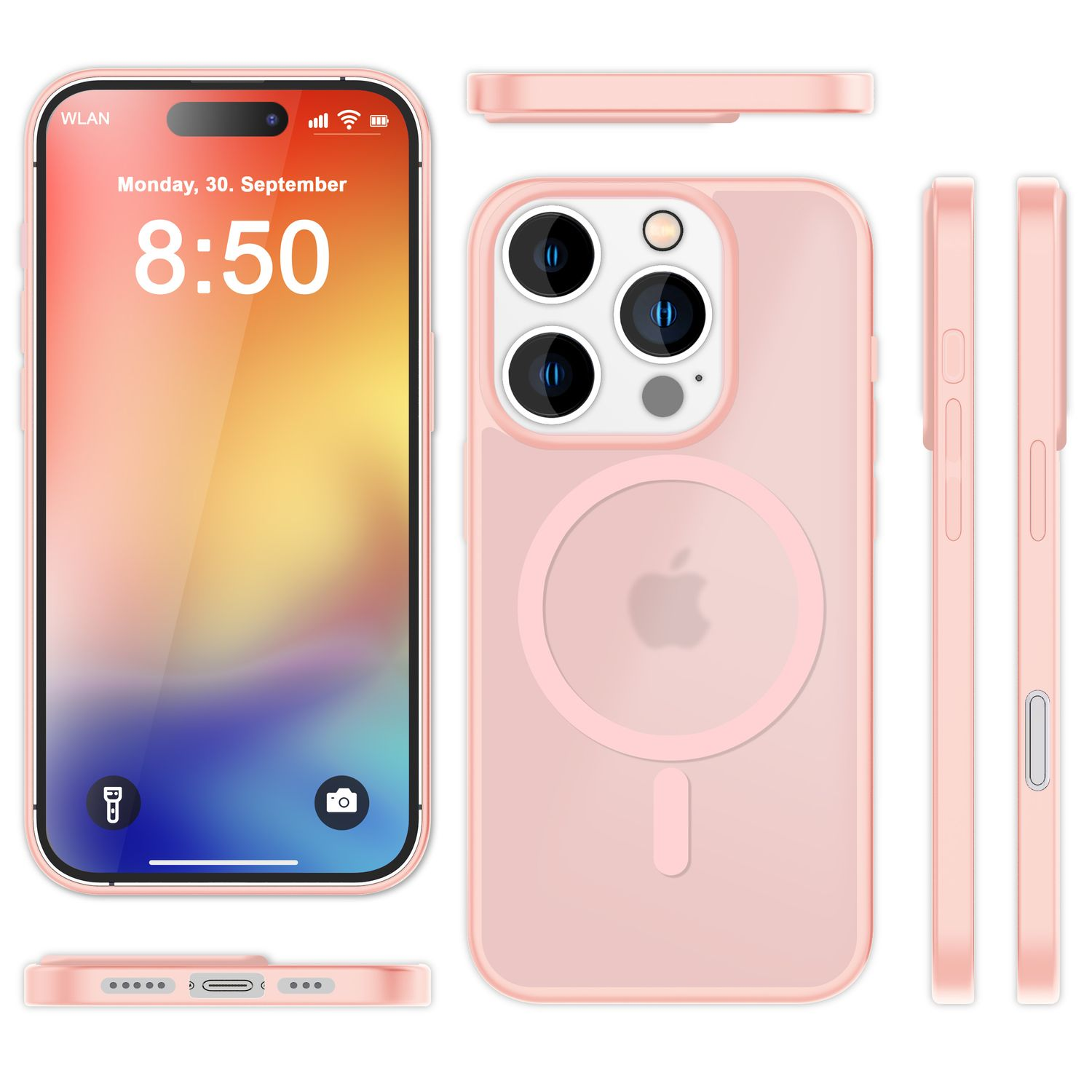 Rosa Telefon mit Uhrzeit- und Datumsanzeige in rosa Handyhülle.