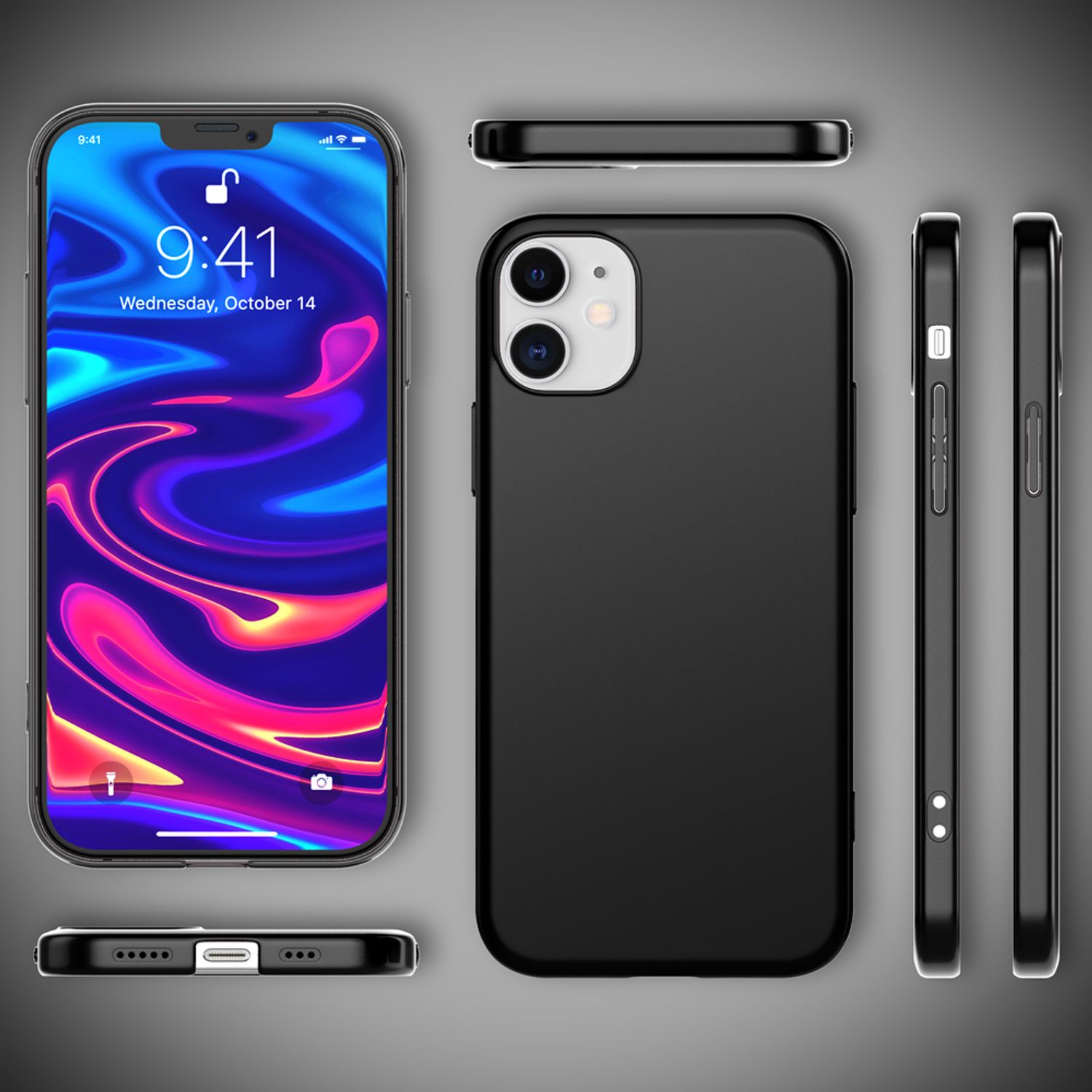 Schwarze Handyhülle. Telefonbildschirm zeigt Uhrzeit. Mehrere Ansichten auf grauem Hintergrund.