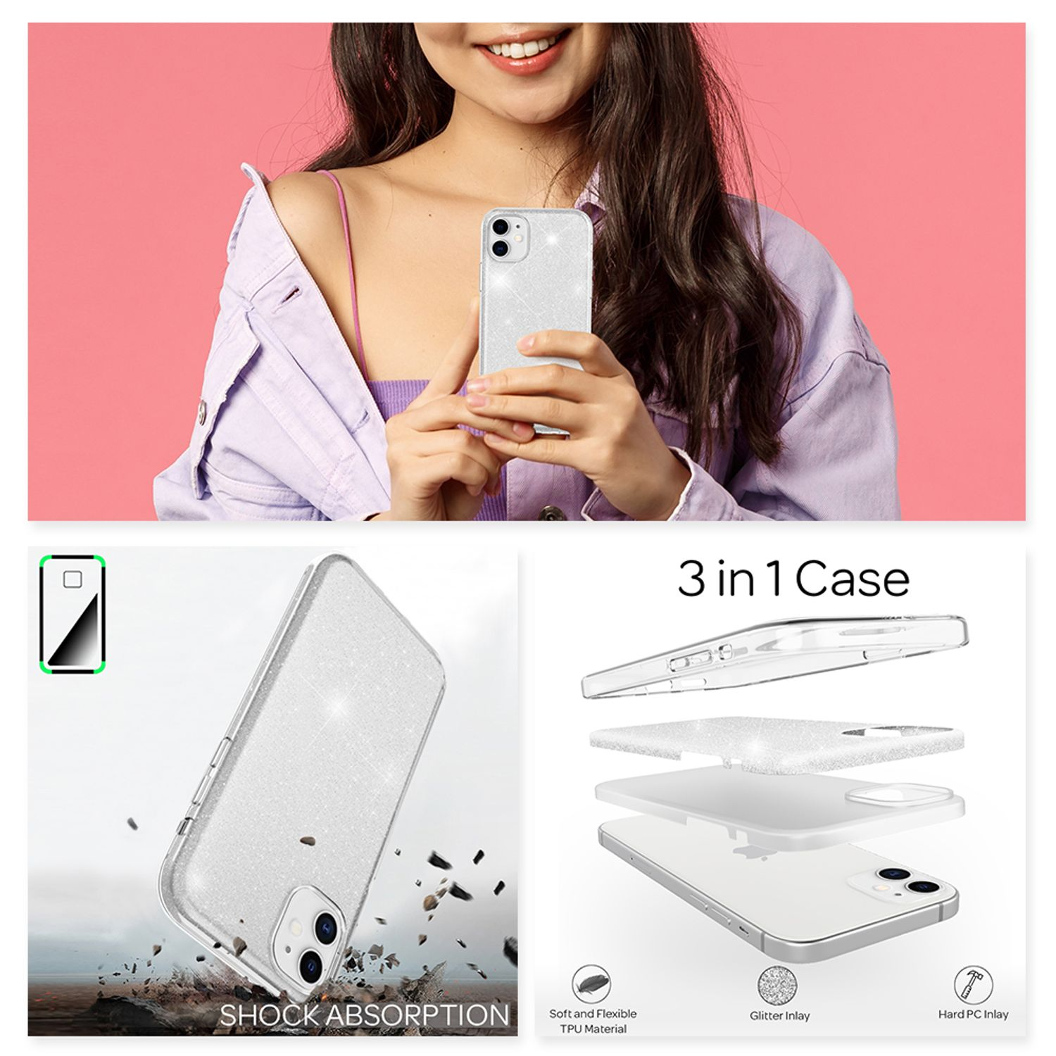 Mujer con funda, con 3 en 1, absorción de impactos y detalles de incrustación de brillo.