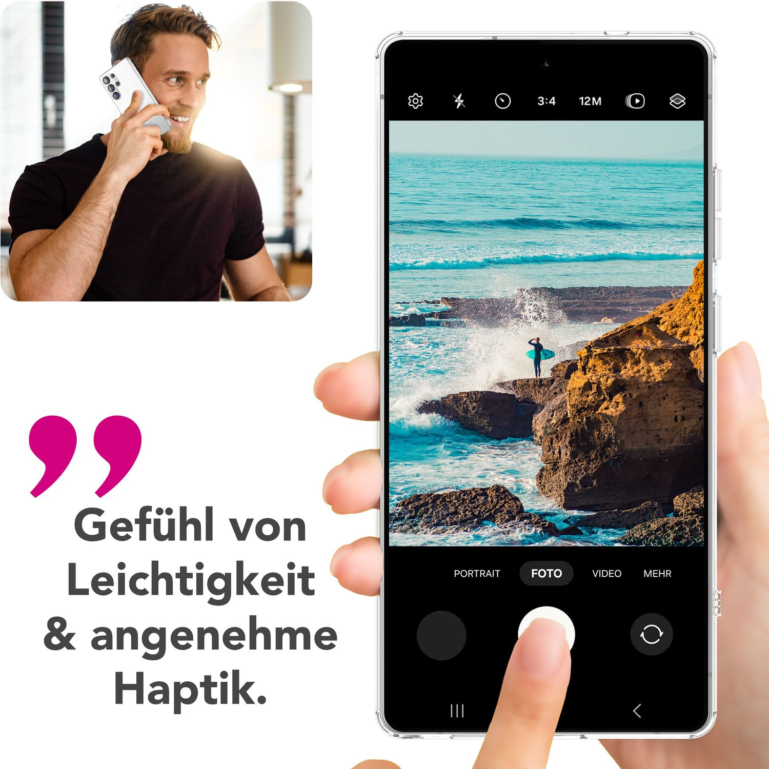 Mann am Telefon, Telefon zeigt einen Surfer am Strand mit deutschem Text.