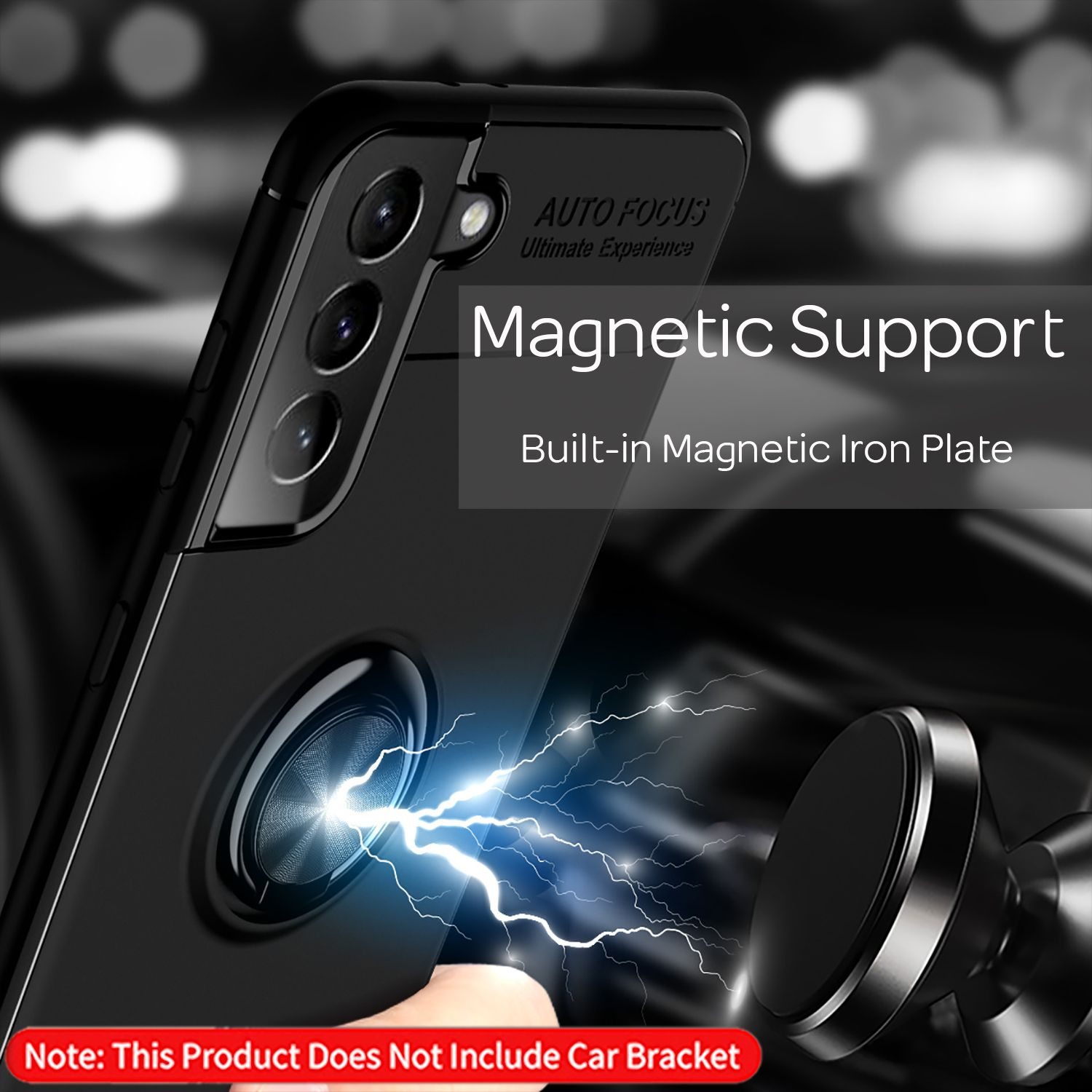 Schwarze Handyhülle mit magnetischer Halterung und den Worten 'Magnetic Support'.