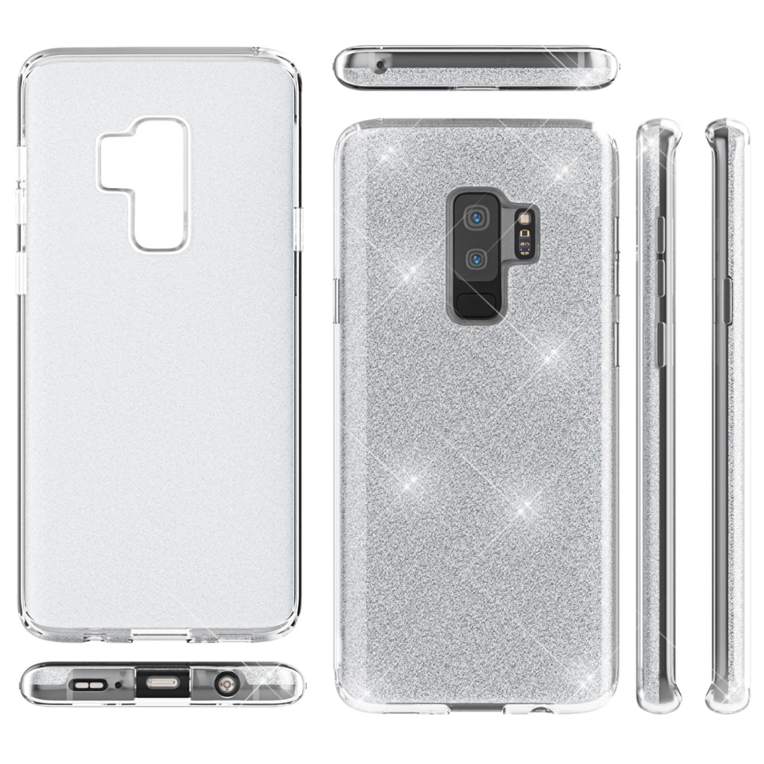 Custodia per telefono con glitter, che mostra i lati del telefono. Sfondo bianco, scintille di luce.