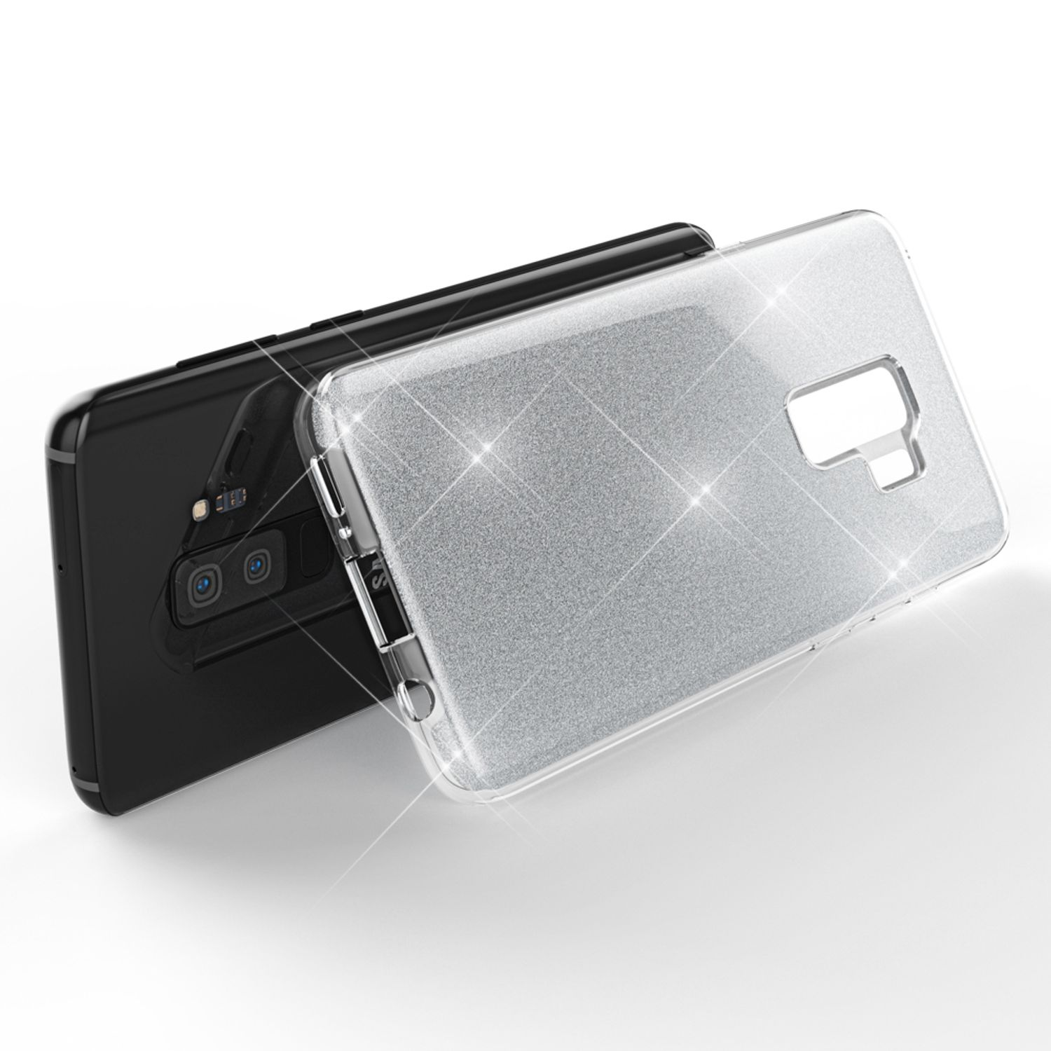 Custodia per telefono con un telefono. La custodia è argentata e ha glitter. Il telefono è nero.