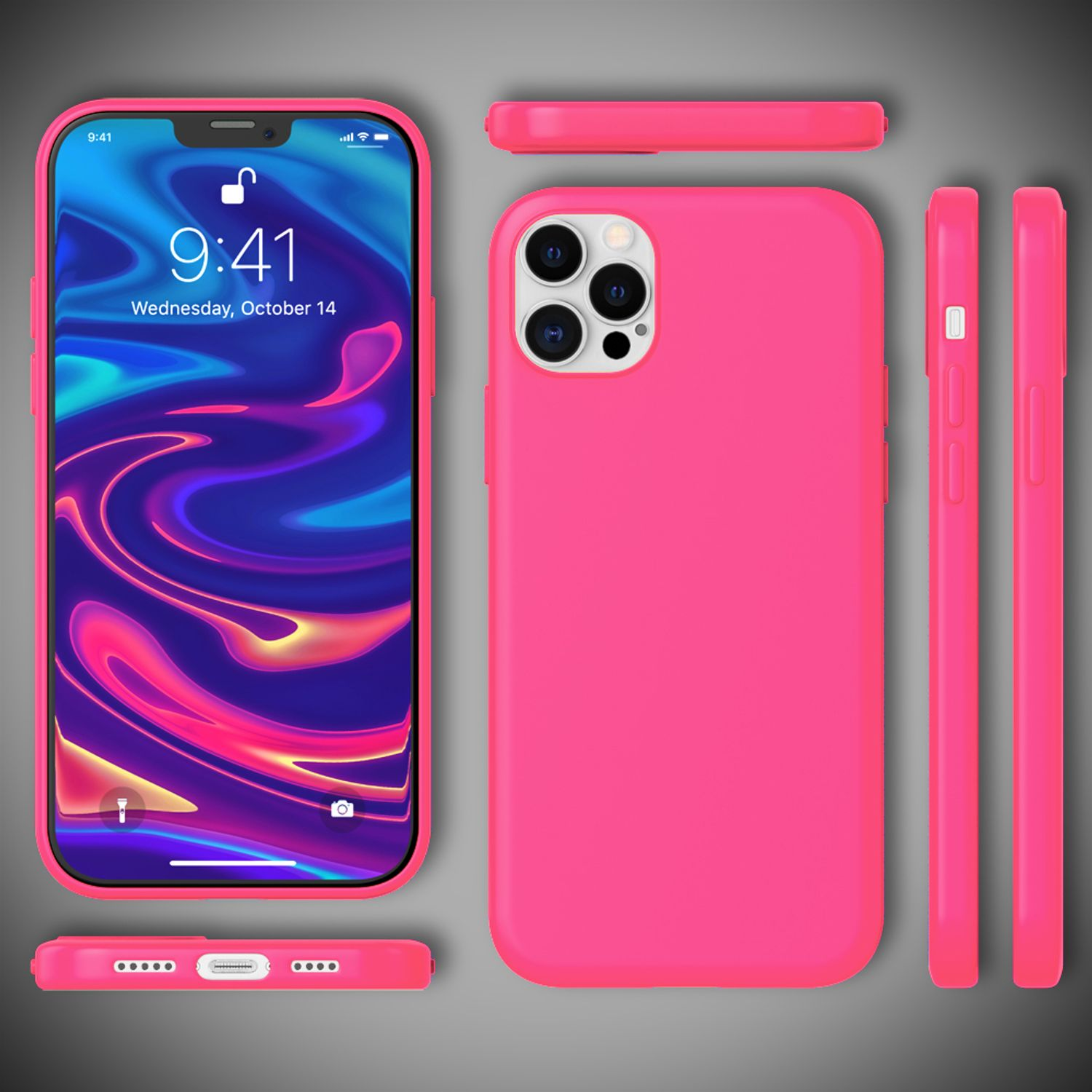 Rosa Handyhülle und Telefon, verschiedene Ansichten des Telefons.