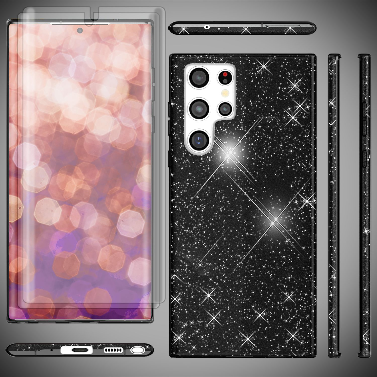 Schwarze Handyhülle mit Glitzer, Displayschutzfolie, verschiedene Ansichten des Telefons.