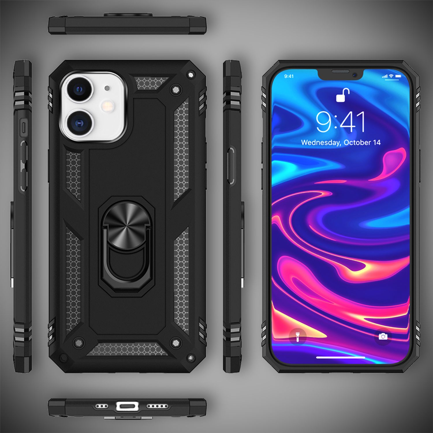 Custodia nera con anello, che mostra il telefono e il suo design da più angolazioni.