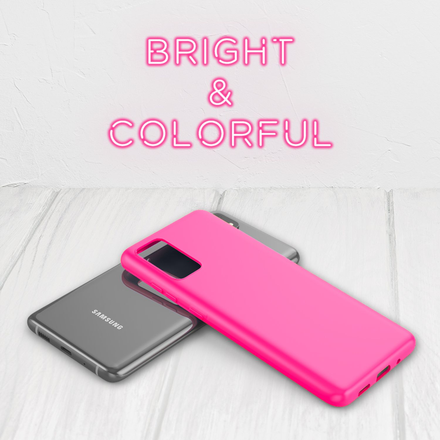 Rosa Handyhülle auf grauem Handy. Text sagt 'BRIGHT & COLORFUL'.