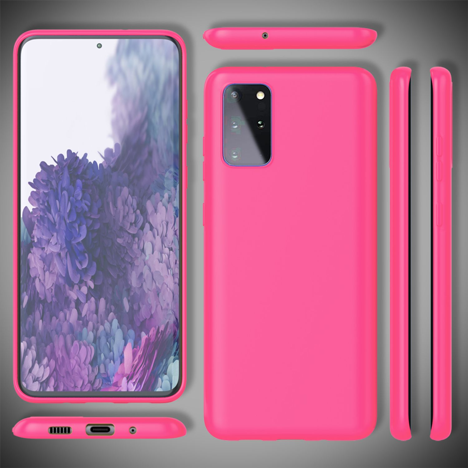 Rosa Handyhülle mit Telefon. Mehrere Ansichten. Telefon zeigt lebendigen blauen und lila Bildschirm.