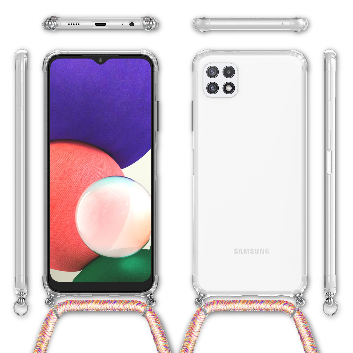 Custodia trasparente per telefono con un telefono e un cinturino. Diverse viste della custodia. Il telefono è bianco.