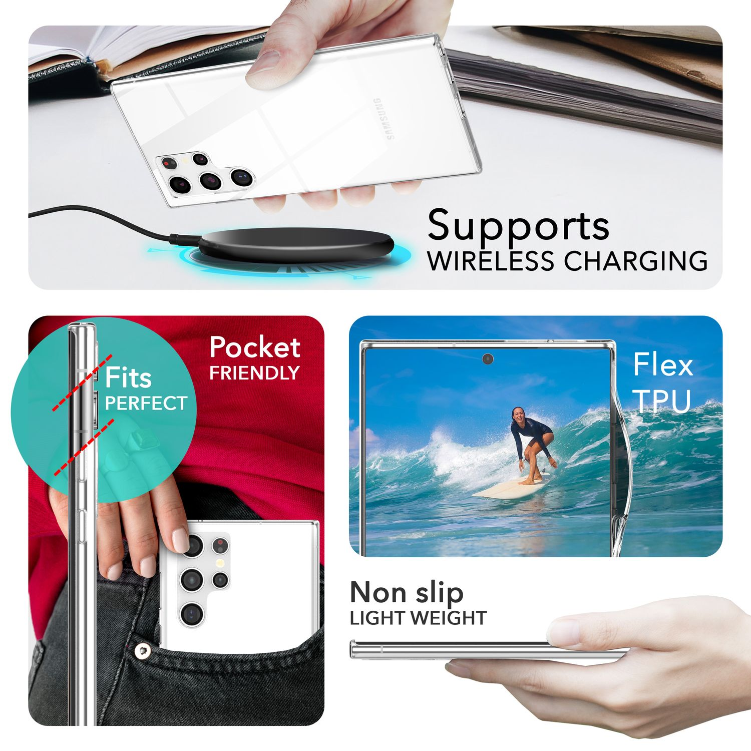 Un téléphone et des accessoires. Le texte dit 'Prend en charge la charge sans fil'. 'Adapté aux poches' et 'Flex TPU'.
