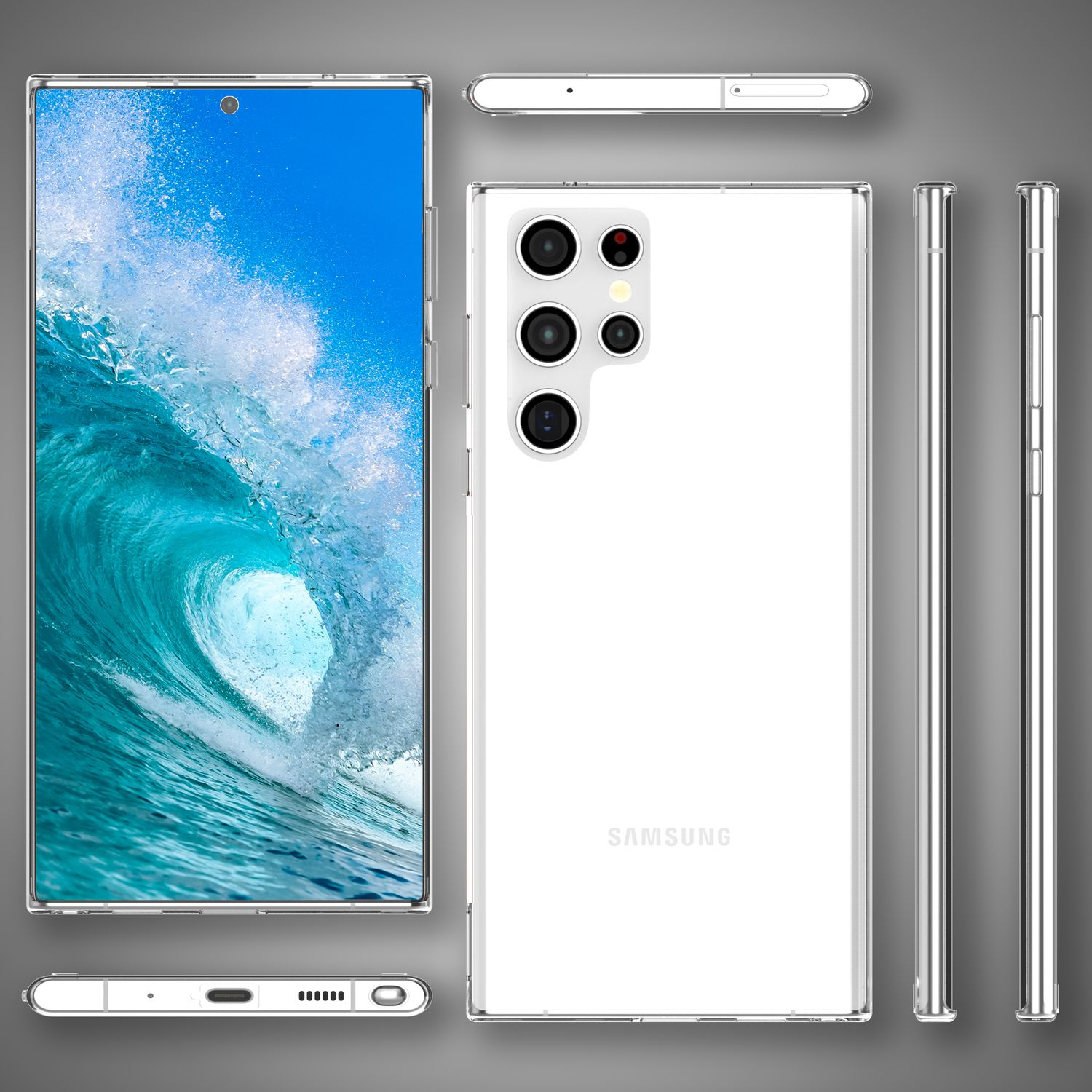 Téléphone blanc avec une coque transparente. Plusieurs vues du téléphone et de la coque. Eau bleue en arrière-plan.