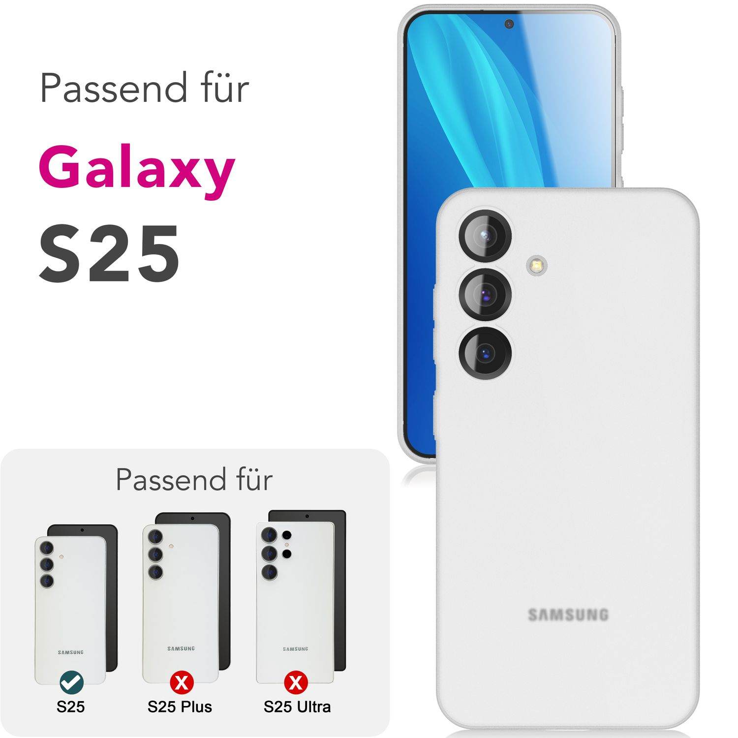 Weiße Handyhülle mit einem Galaxy S25 und seinen Varianten im Bild.