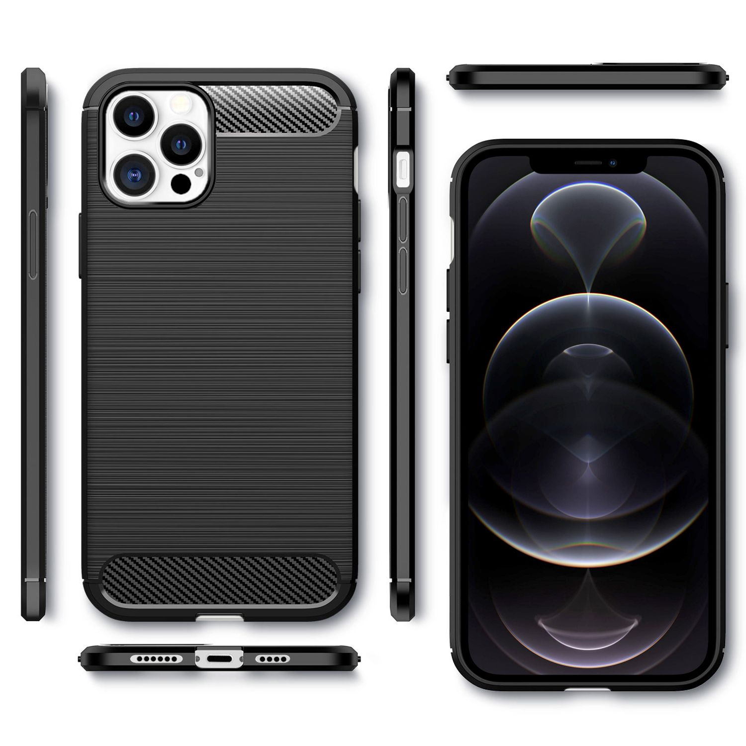Funda negra para teléfono con un teléfono. Varias vistas de la funda. Textura similar a la fibra de carbono.