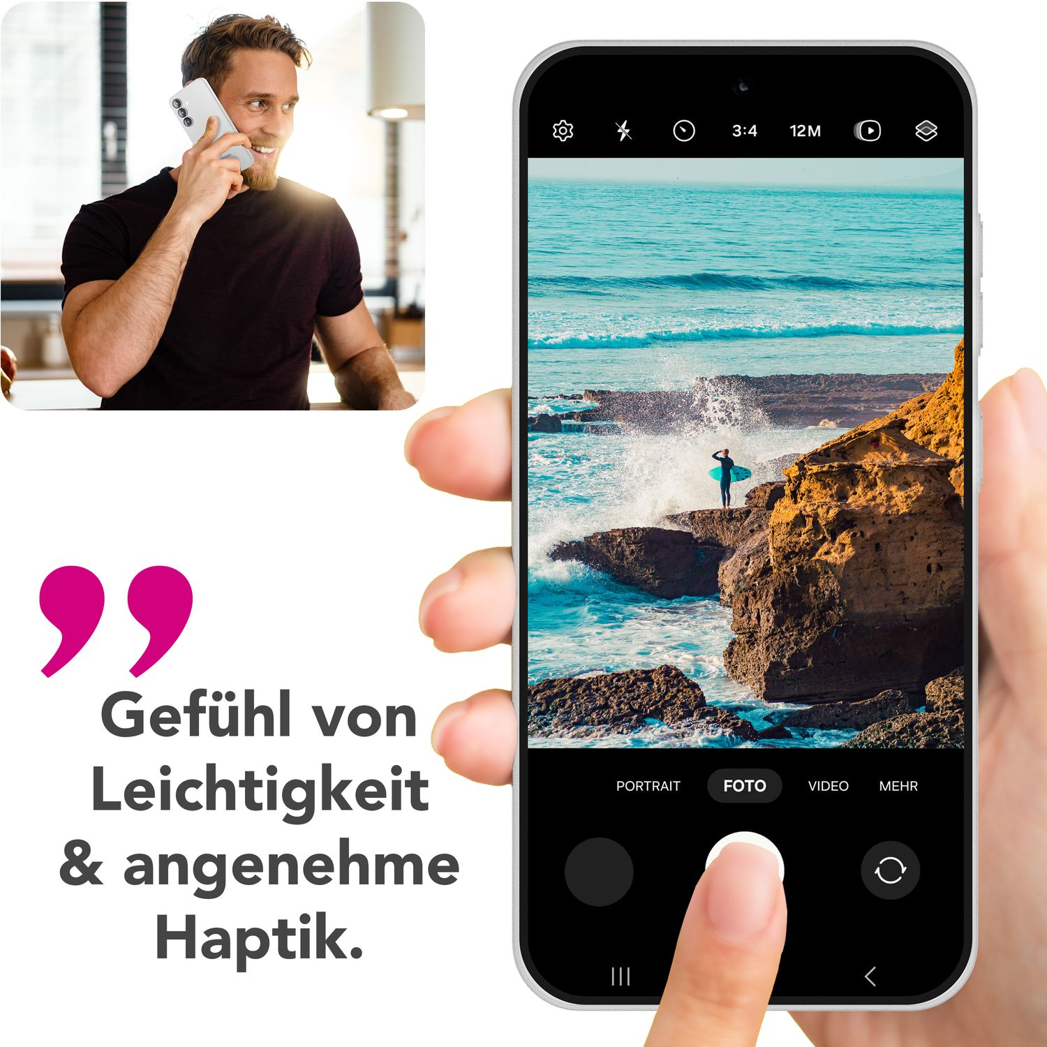Person hält Telefon, fotografiert Ozean. Benutzeroberfläche zeigt Kamerasteuerung.