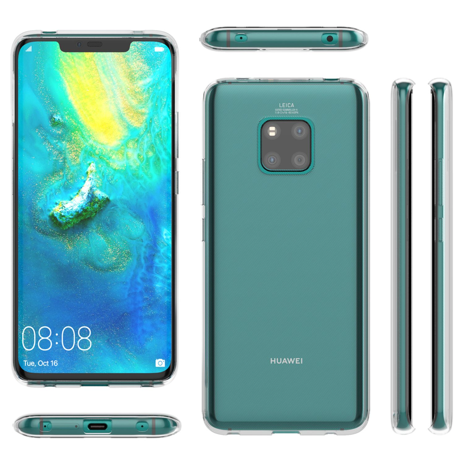 Telefon mit einer Handyhülle. Mehrere Ansichten des Telefons. Die Hülle ist grün.
