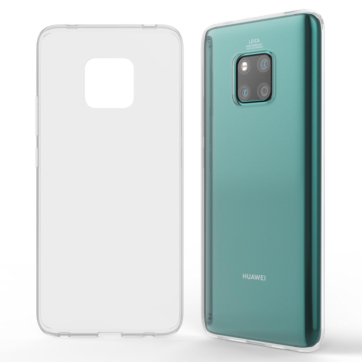 Zwei Telefone: eines mit klarer Hülle und das andere, ein tealfarbenes Telefon. Auf weißem Untergrund.