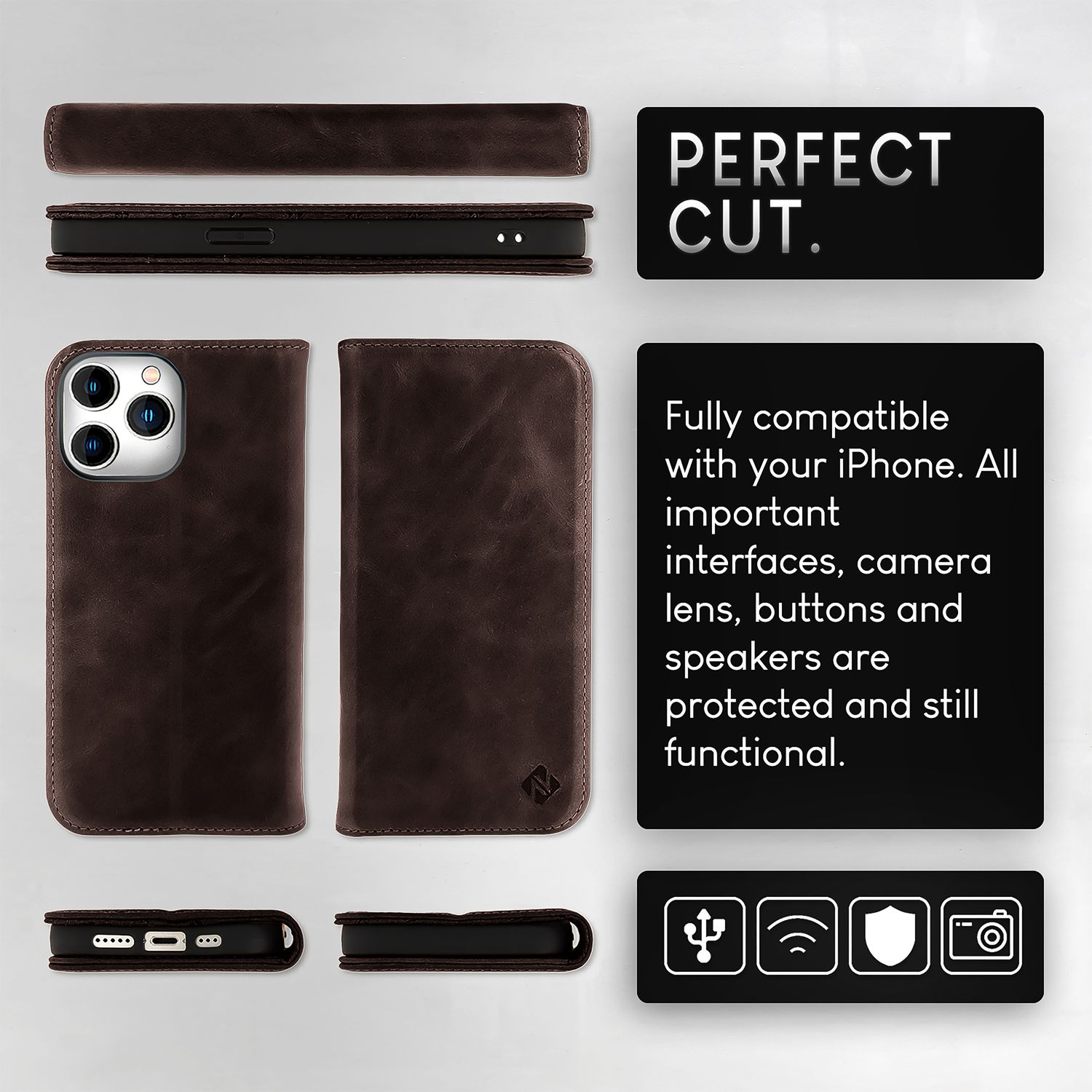 Braune Leder-Handyhülle. Geöffnete und geschlossene Ansichten. Text sagt 'PERFECT CUT' und zusätzlicher Text.