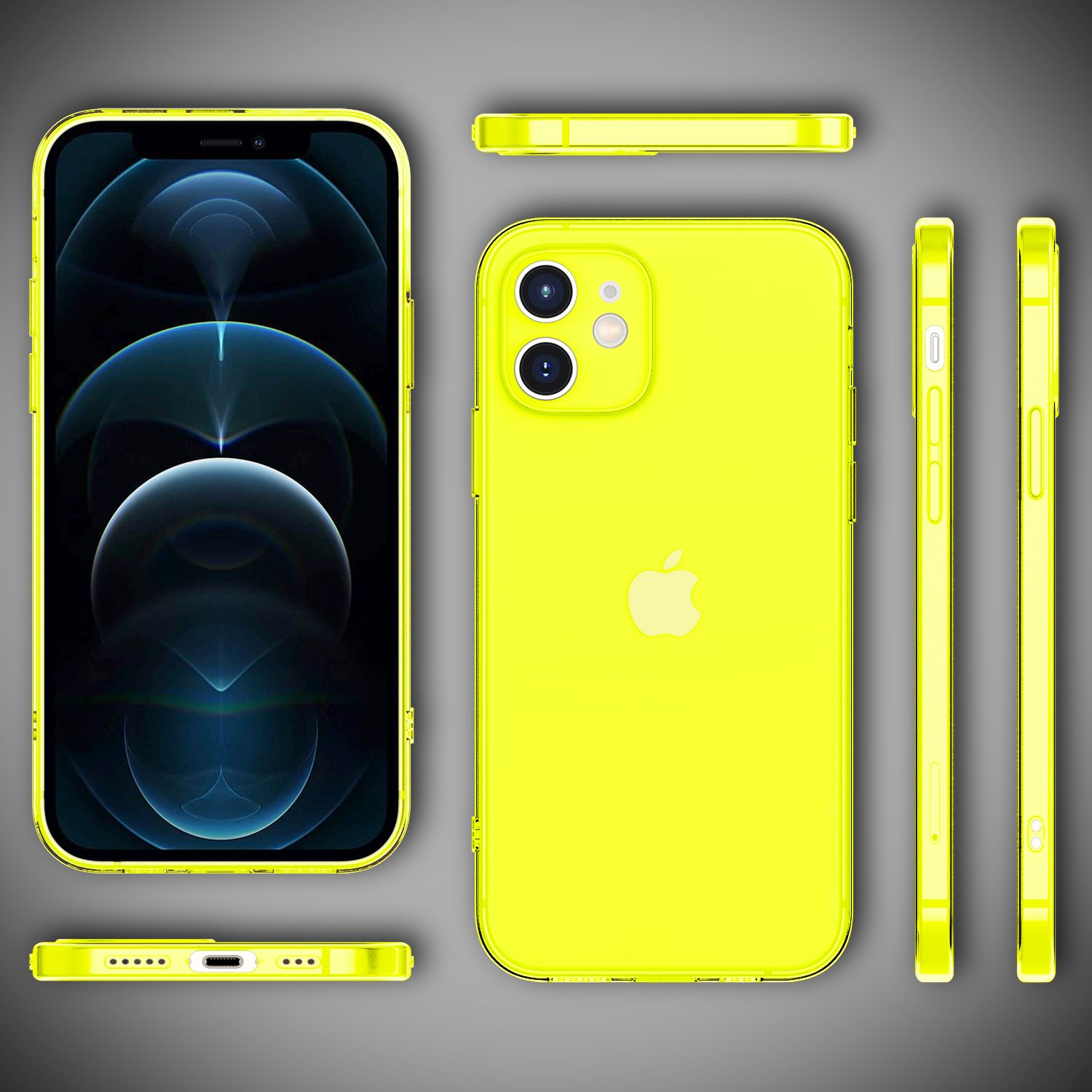 Mehrere Ansichten einer neongelben Handyhülle vor grauem Hintergrund, die ein Telefon und die Hülle zeigen.